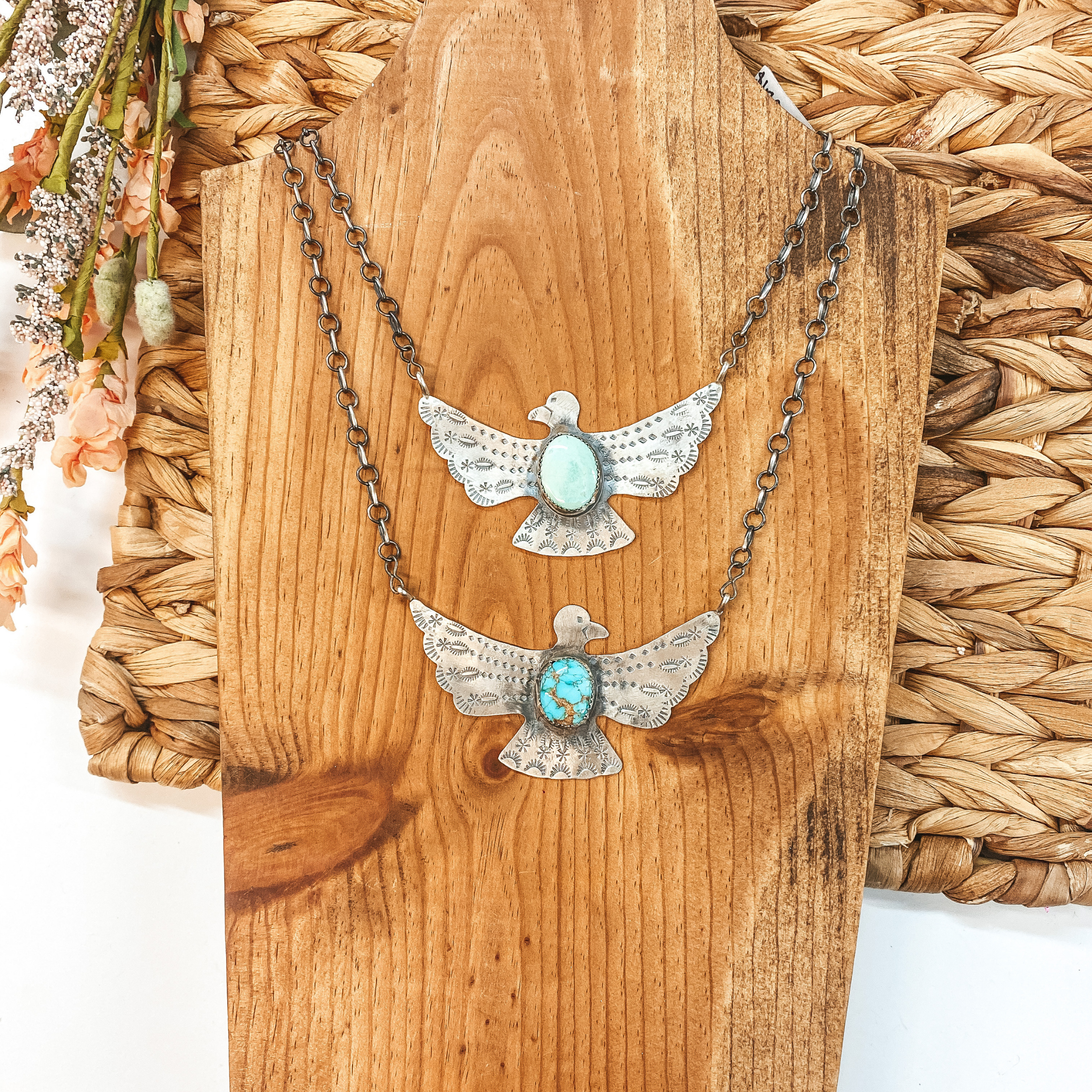 Tim Yazzie |  Navajo Handmade Sterling Silver Thunderbird Necklace with Turquoise Stone - Giddy Up Glamour Boutique