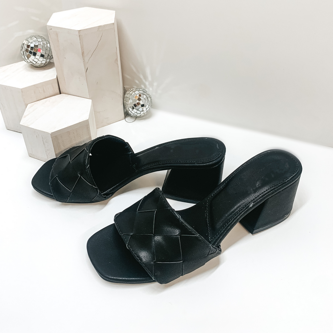 Paving the Way Mini Block Heels with Basket Weave Strap in Black - Giddy Up Glamour Boutique