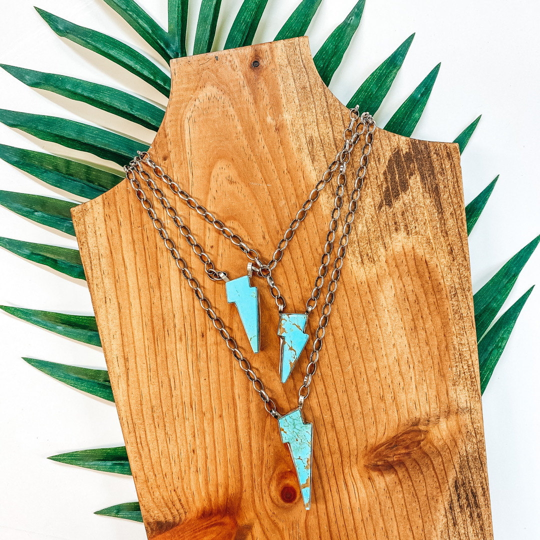 Vernon Johnson | Navajo Handmade Sterling Silver Necklace with Kingman Turquoise Lightning Bolt Pendant - Giddy Up Glamour Boutique