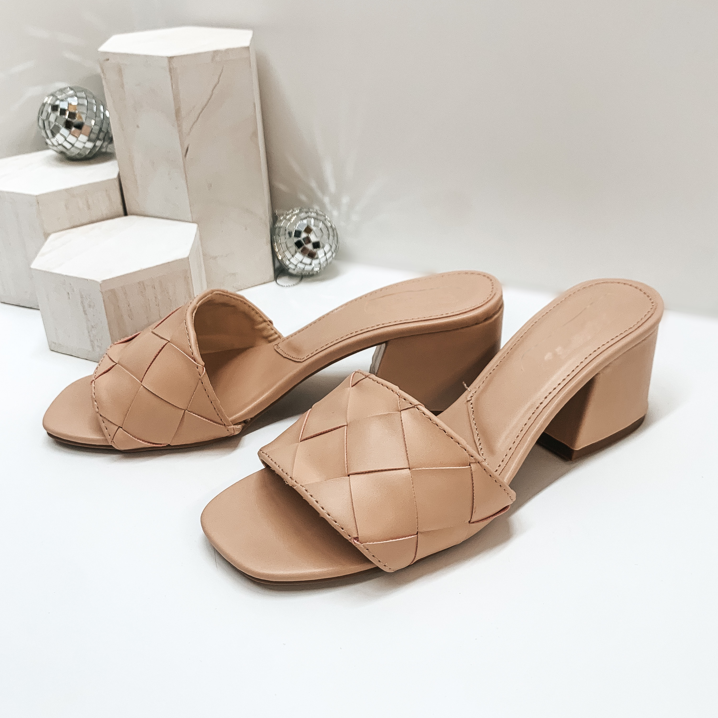 Paving the Way Mini Block Heels with Basket Weave Strap in Nude - Giddy Up Glamour Boutique