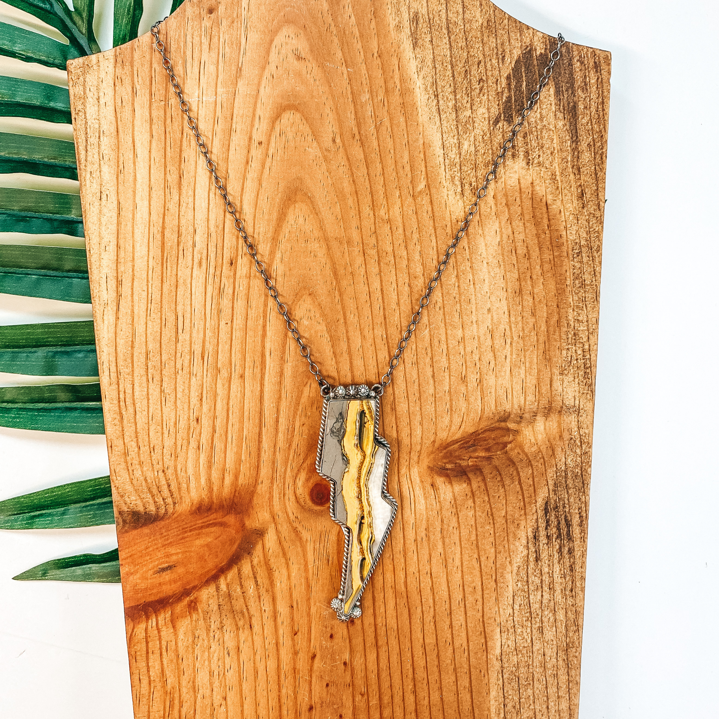 Scott Skeets | Navajo Handmade Sterling Silver Necklace with Large Bumble Bee Jasper Lightning Bolt Pendant - Giddy Up Glamour Boutique