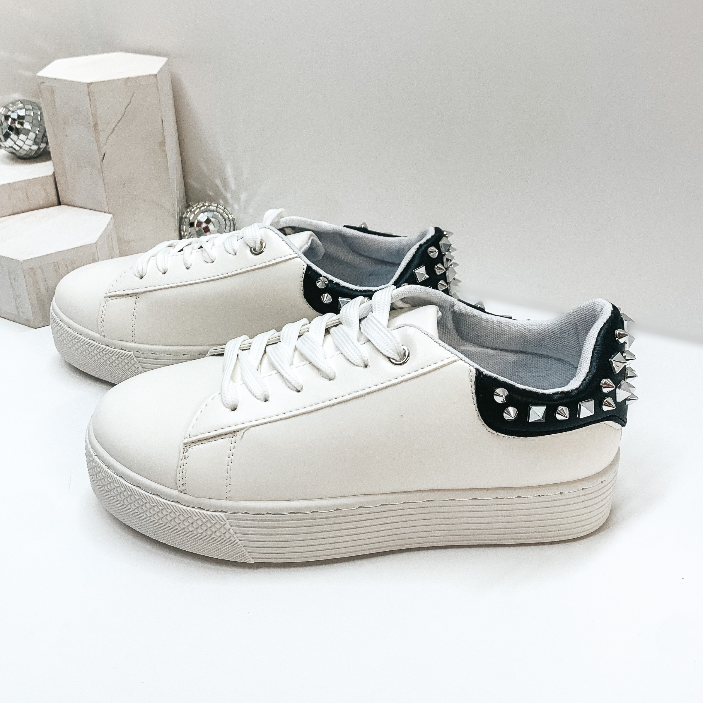 Studded Chic Lace Up Black Heel Platform Sneakers in White - Giddy Up Glamour Boutique