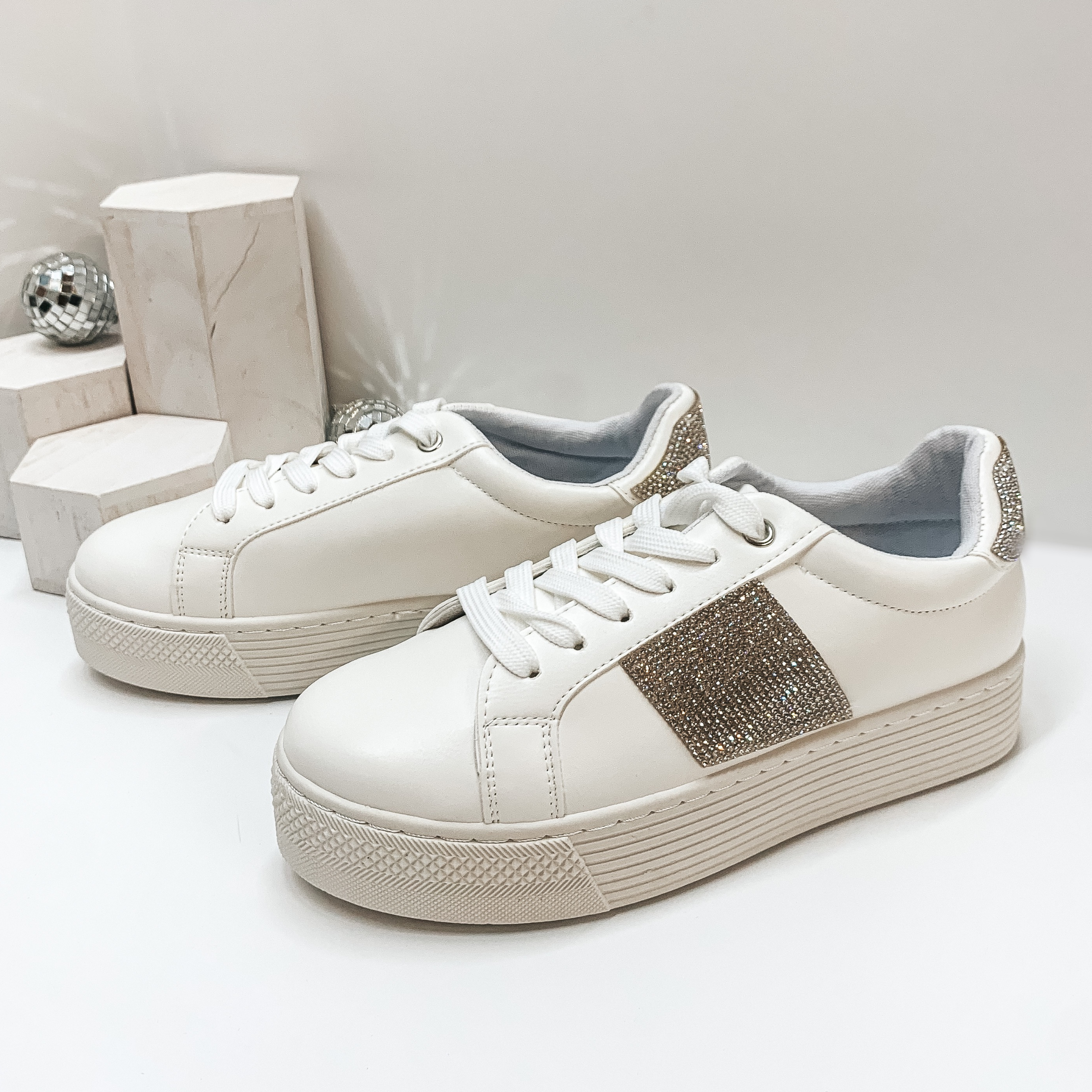 Shining Chic Lace Up Crystal Embellished Platform Sneakers in White - Giddy Up Glamour Boutique