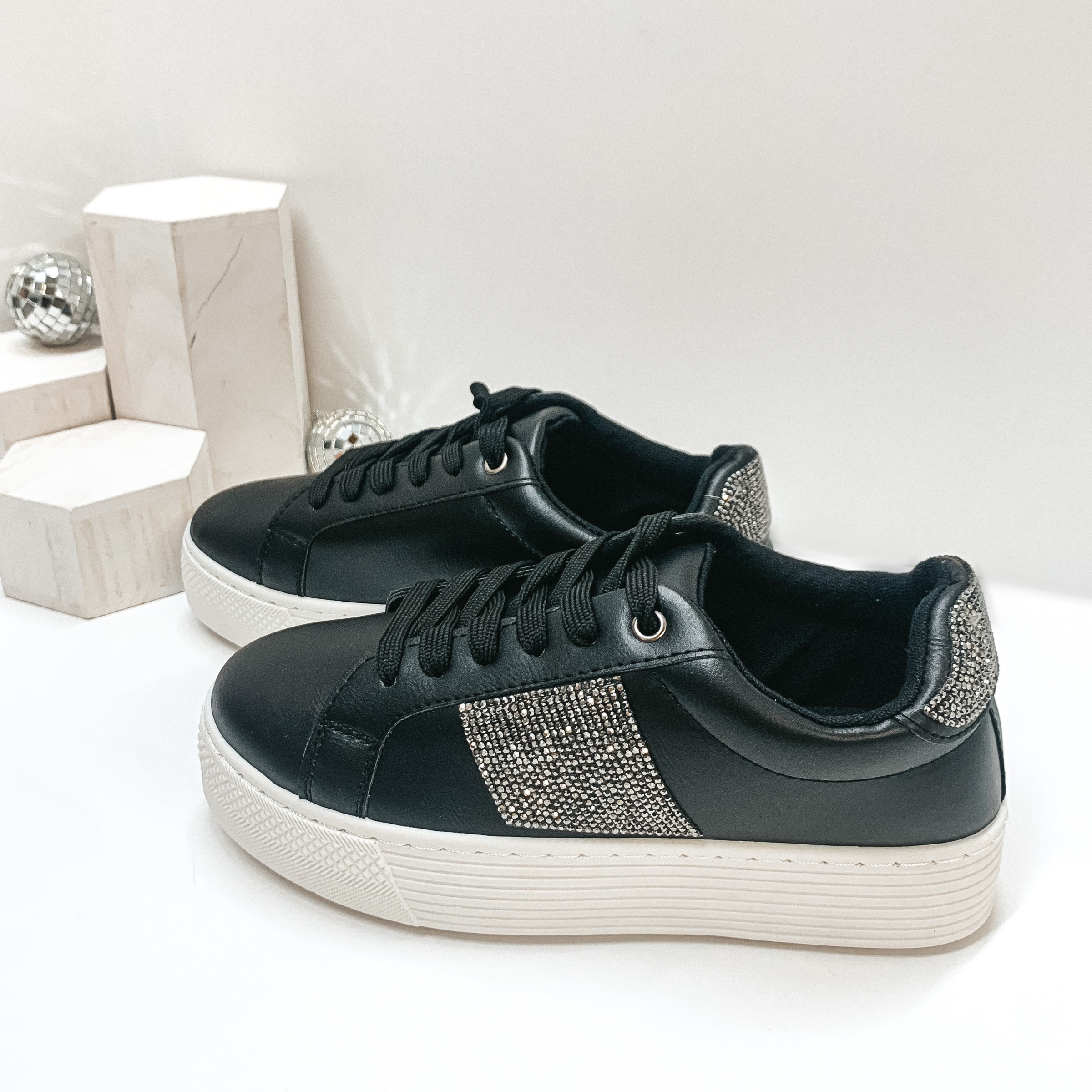 Shining Chic Lace Up Crystal Embellished Platform Sneakers in Black - Giddy Up Glamour Boutique