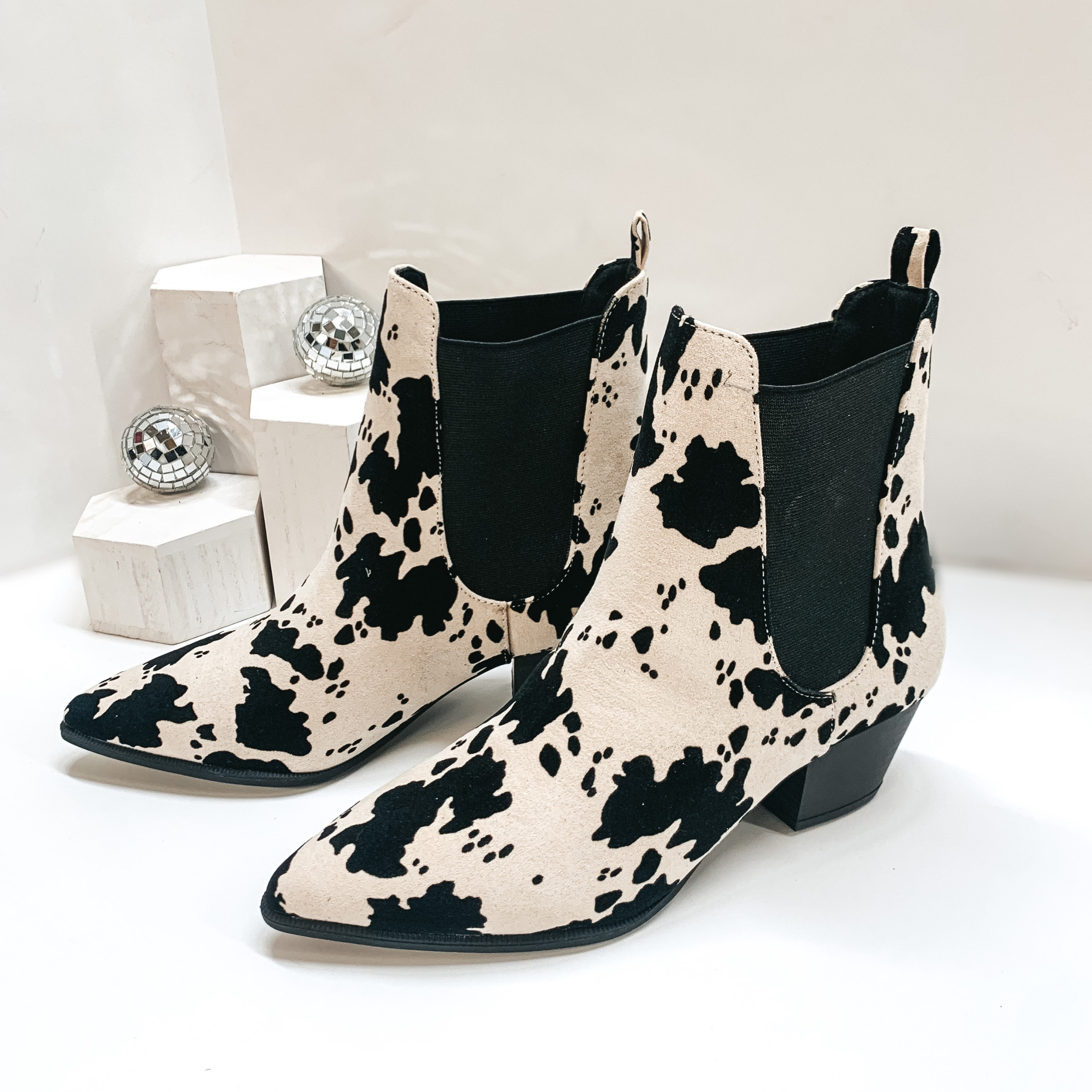 Can't Get Enough Cow Print Short Heeled Booties in Black - Giddy Up Glamour Boutique