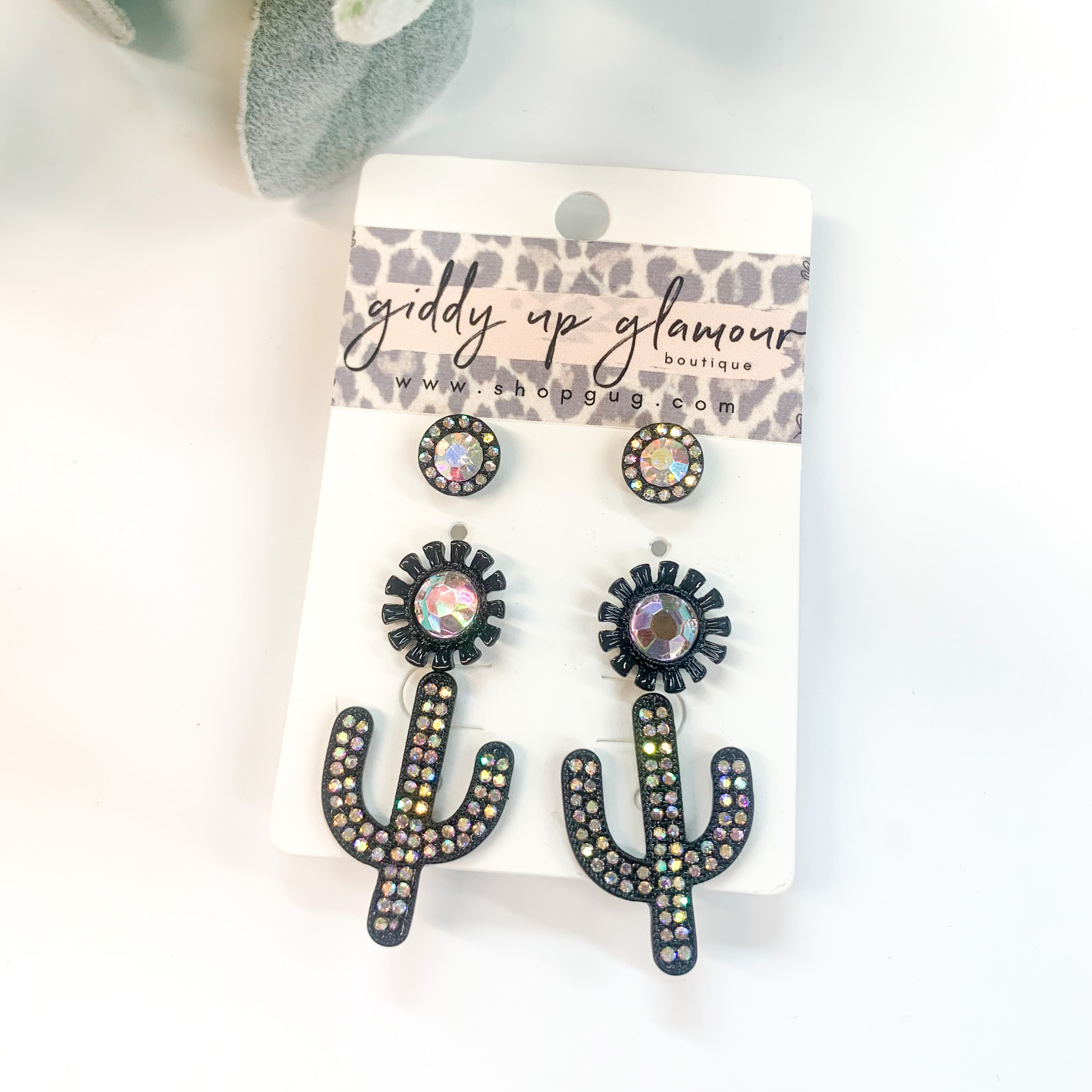 Set of Three | Cactus Stud Earring Set with AB Crystals in Black - Giddy Up Glamour Boutique