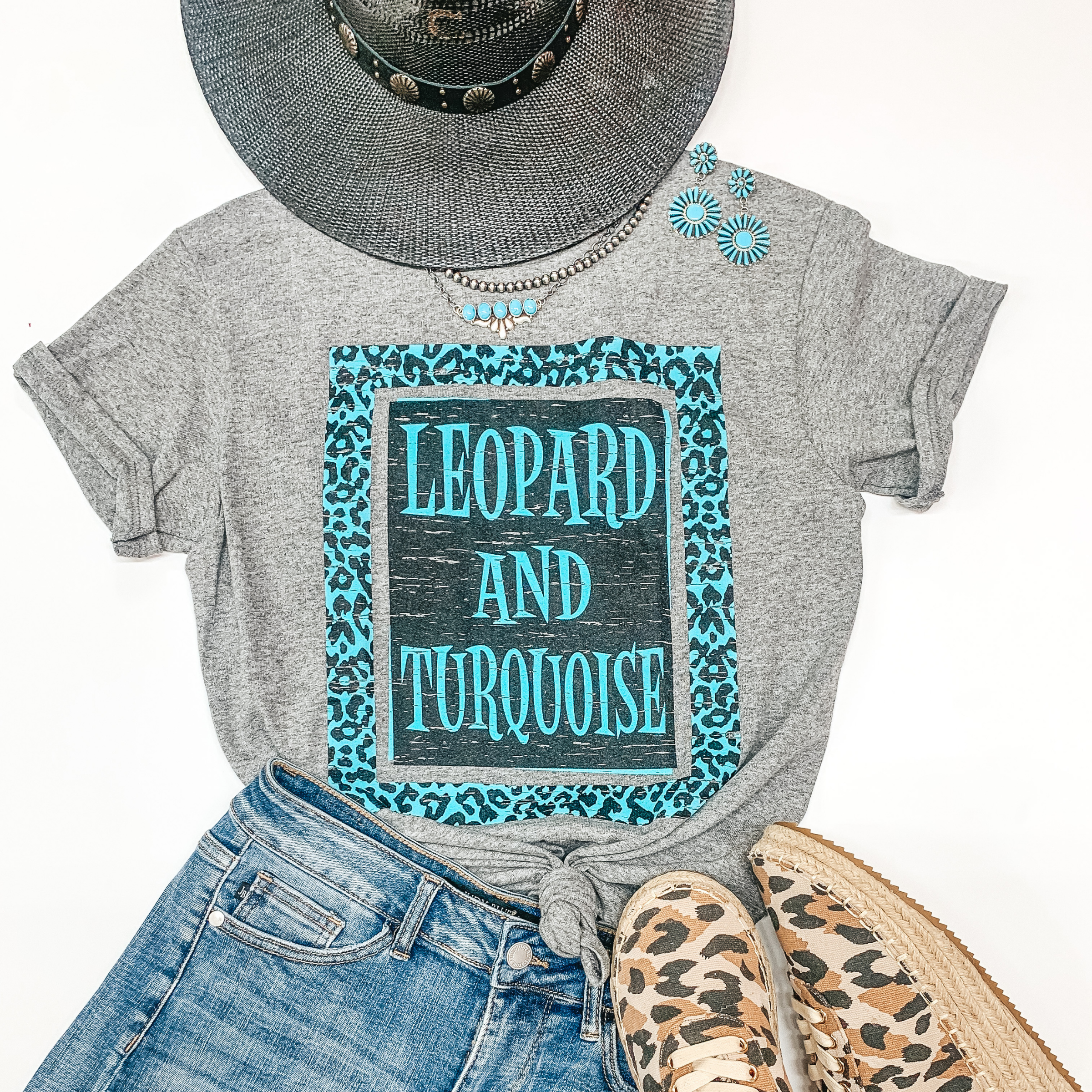 Last Chance Size Small & Med. | Leopard and Turquoise Short Sleeve Graphic Tee in Heather Grey