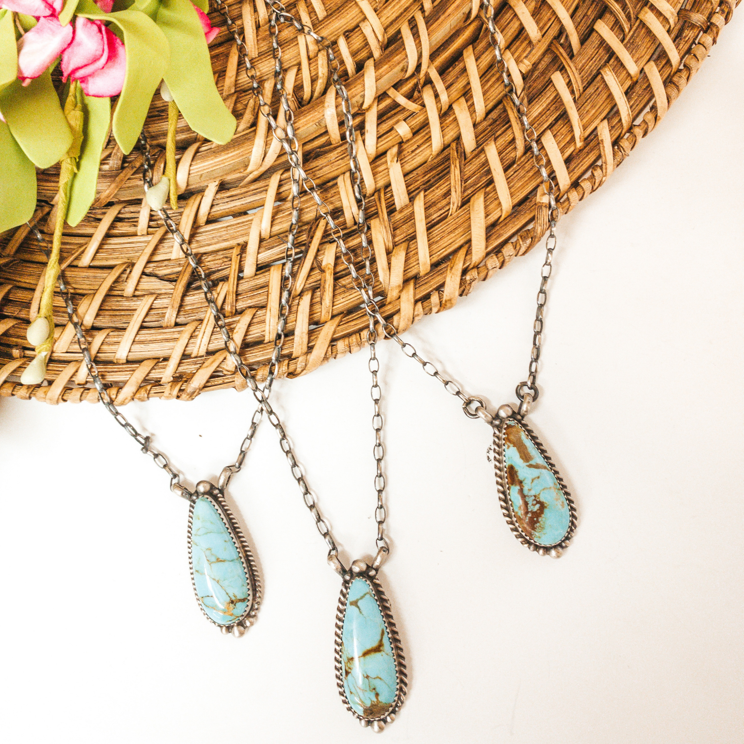 Elouise Kee | Navajo Handmade Sterling Silver Chain Necklace with Teardrop Kingman Turquoise Pendant - Giddy Up Glamour Boutique