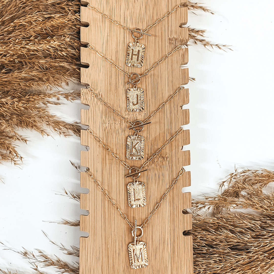 Gold Initial Pendant Necklace with Front Toggle Clasp - Giddy Up Glamour Boutique