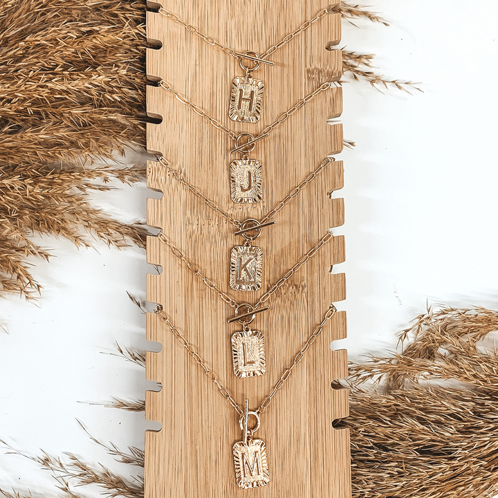 Gold Initial Pendant Necklace with Front Toggle Clasp - Giddy Up Glamour Boutique