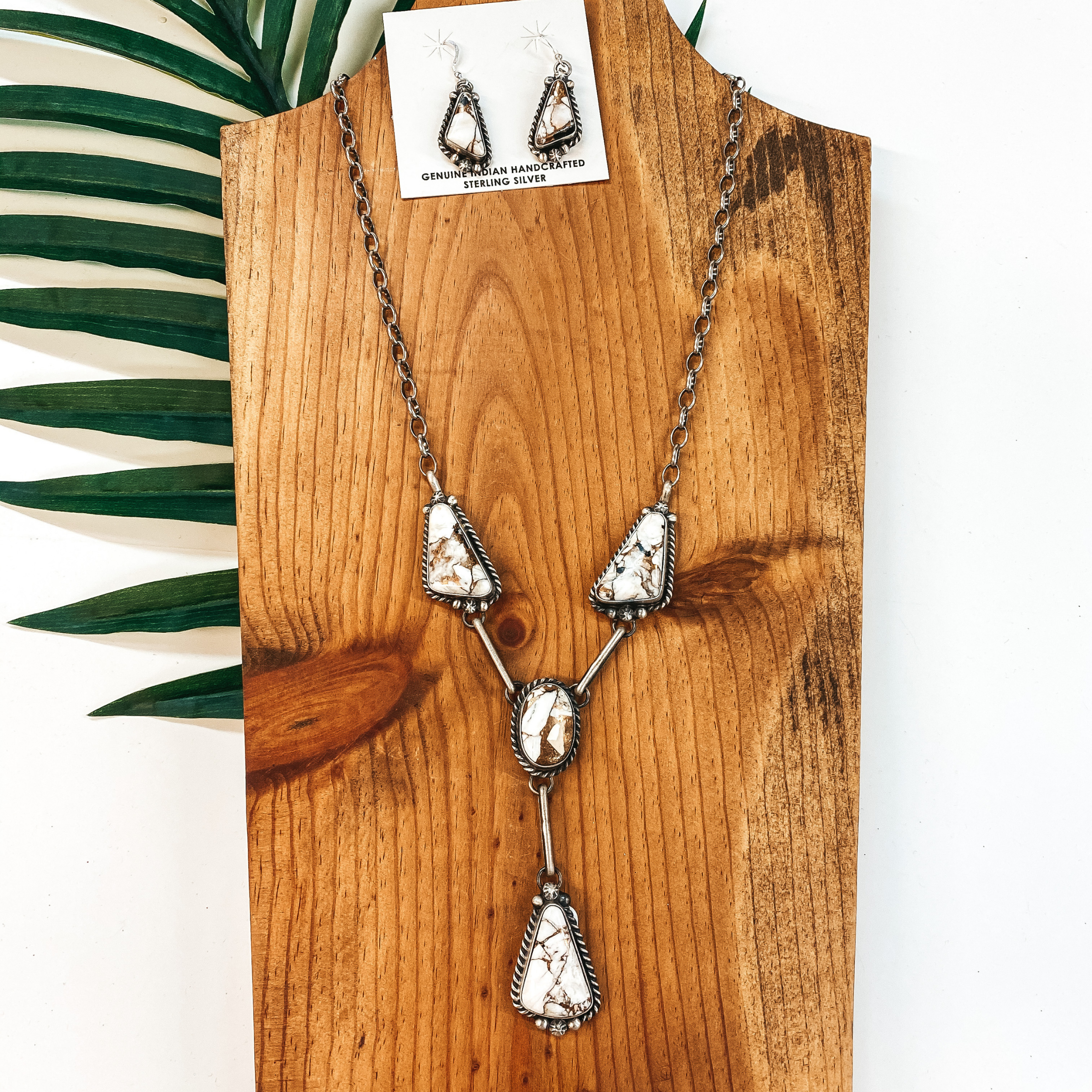 Augustine Largo | Navajo Handmade Sterling Silver & Remix White Buffalo Lariat Necklace + Matching Earrings - Giddy Up Glamour Boutique