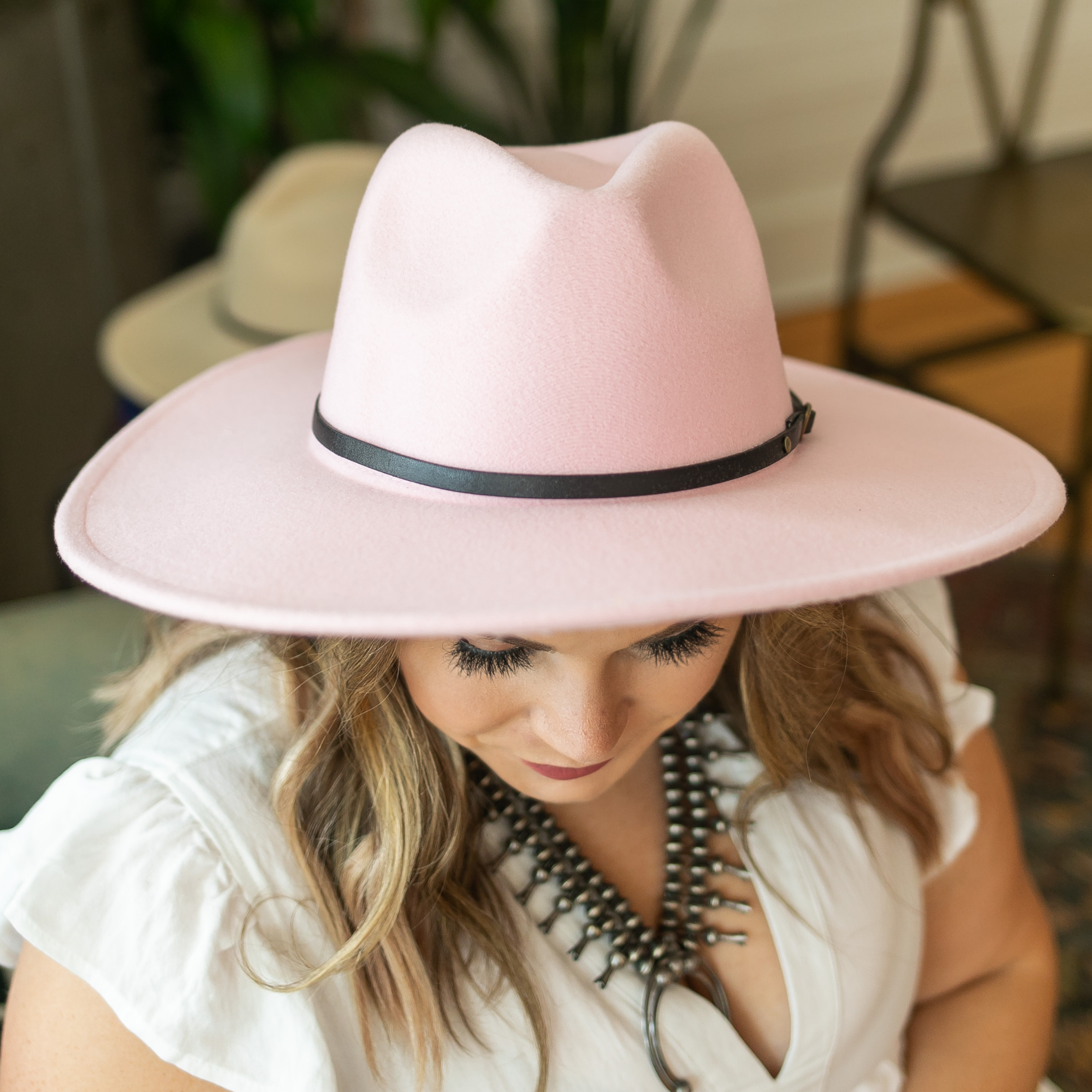 Headed West Faux Felt Rancher Hat with Black Band in Light Pink - Giddy Up Glamour Boutique
