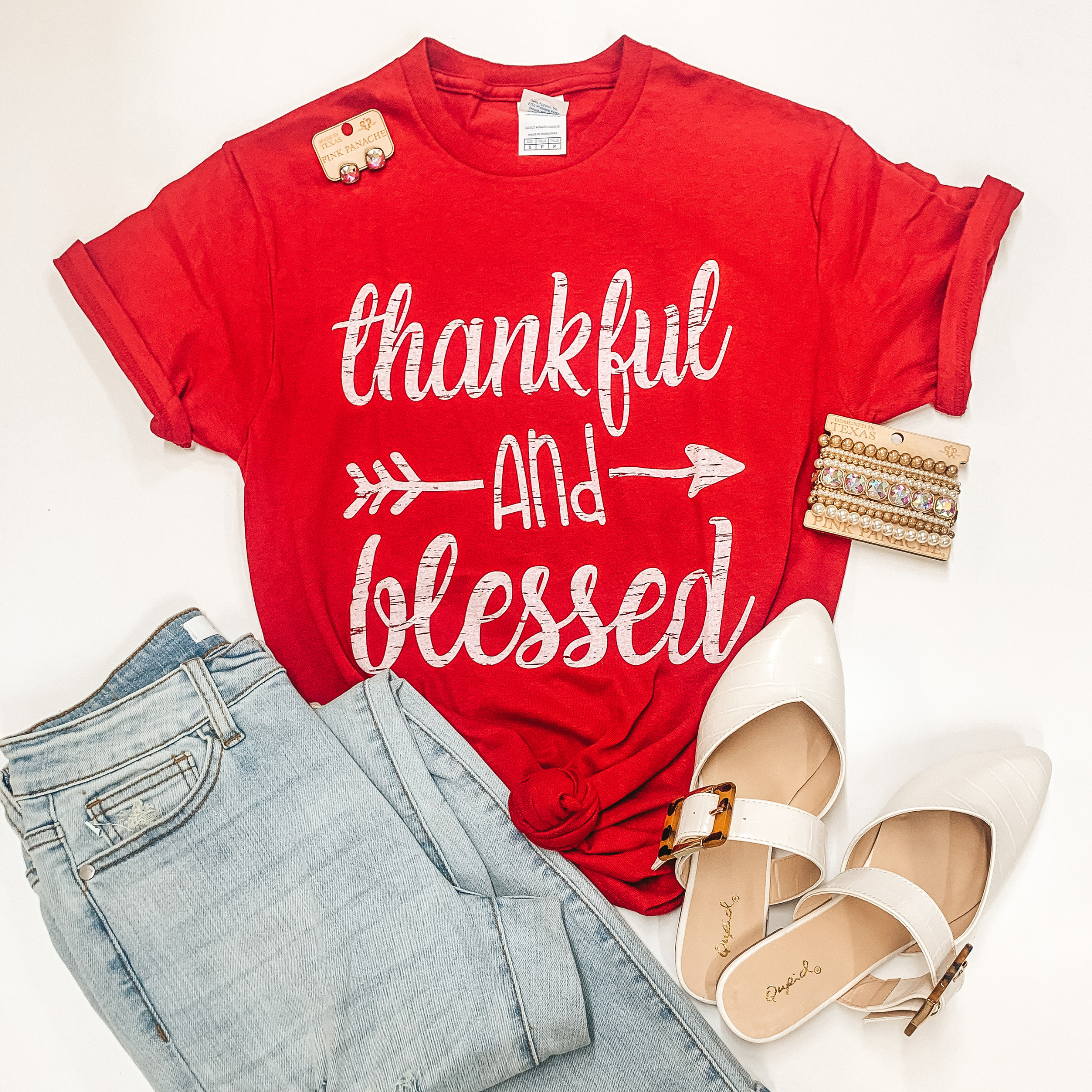 Thankful And Blessed Arrow Short Sleeve Graphic Tee in Red - Giddy Up Glamour Boutique