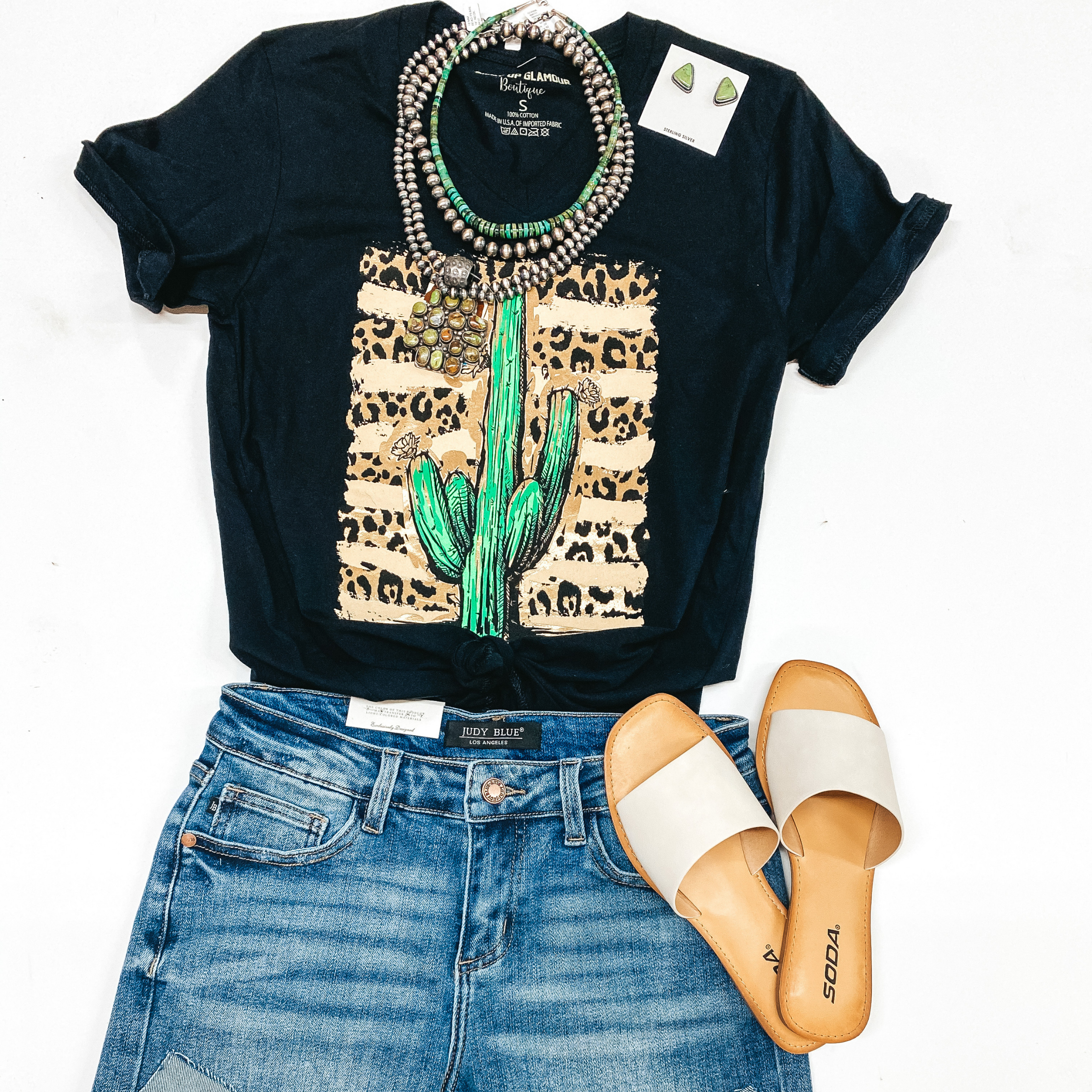 Warm Escapes Leopard and Saguaro Cactus Short Sleeve Graphic Tee in Black - Giddy Up Glamour Boutique