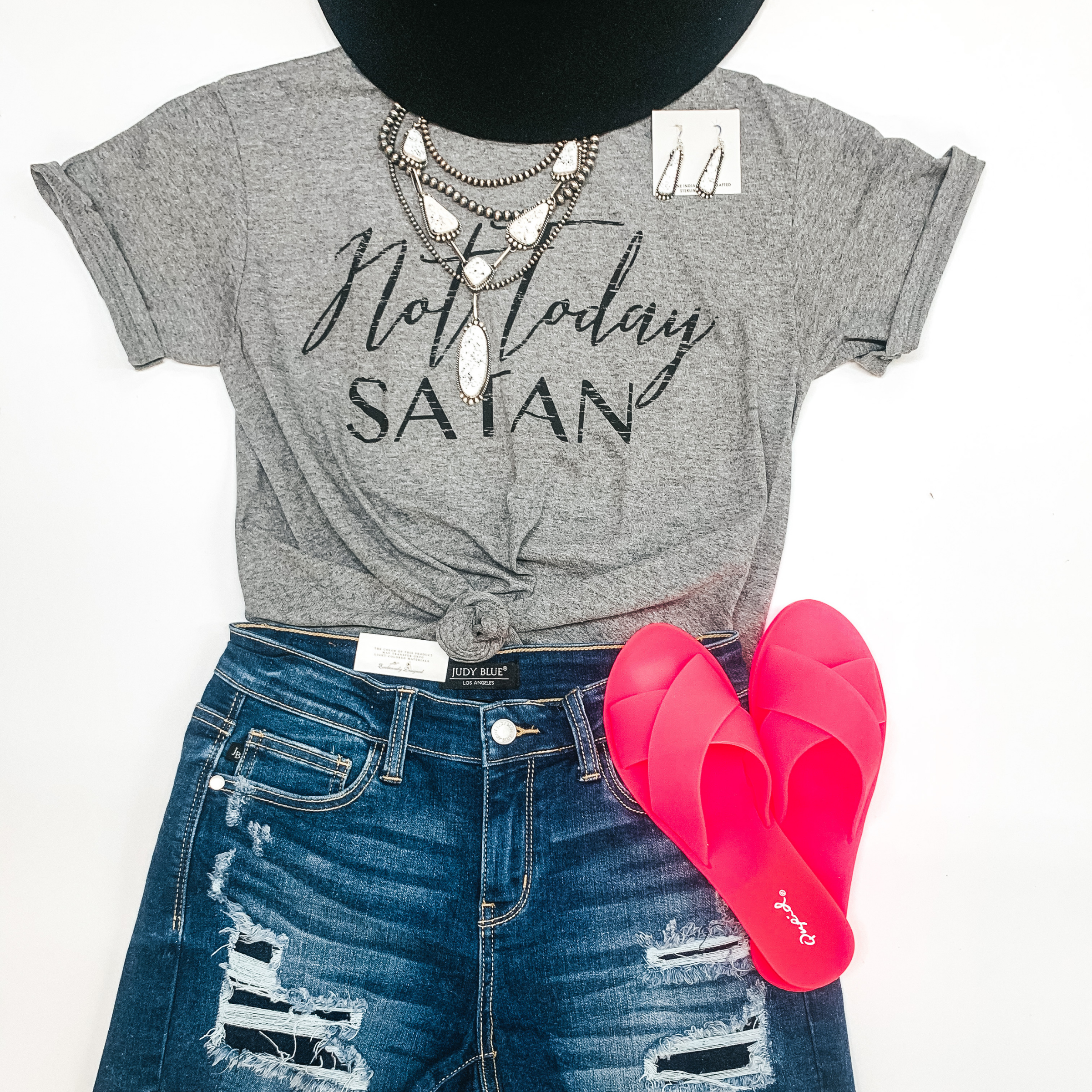 Not Today Satan Short Sleeve Graphic Tee in Heather Grey - Giddy Up Glamour Boutique