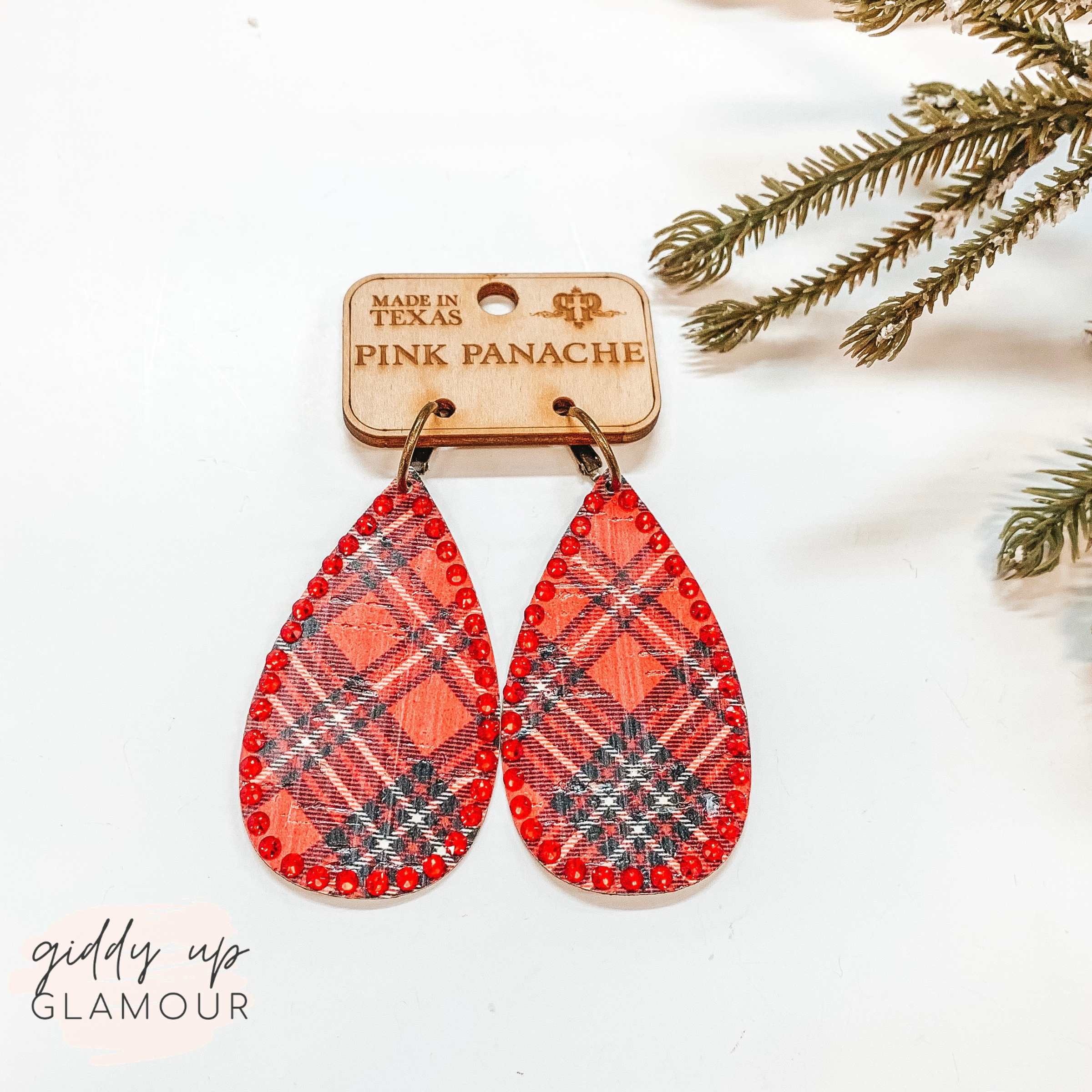 Pink Panache | Teardrop Leather Earrings with Crystal Trim in Red Plaid - Giddy Up Glamour Boutique
