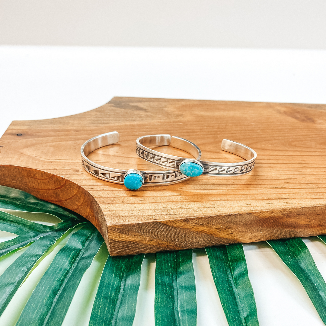 Rick Enriquez | Navajo Handmade Arrow Detailed Sterling Silver Cuff Bracelet with Kingman Turquoise Stone - Giddy Up Glamour Boutique