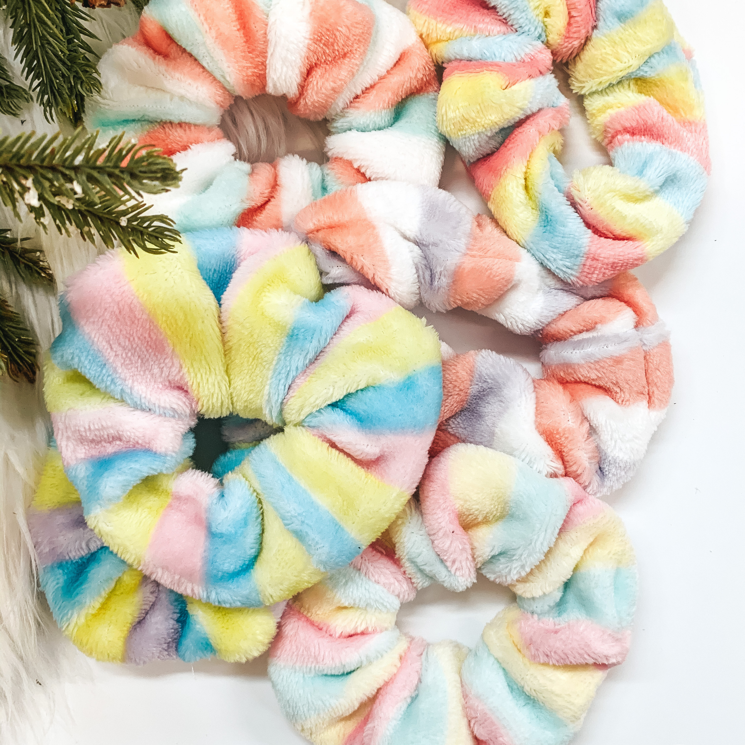 Buy 3 for $10 | Assorted Set of Two Rainbow Sherbet Plush Scrunchies - Giddy Up Glamour Boutique