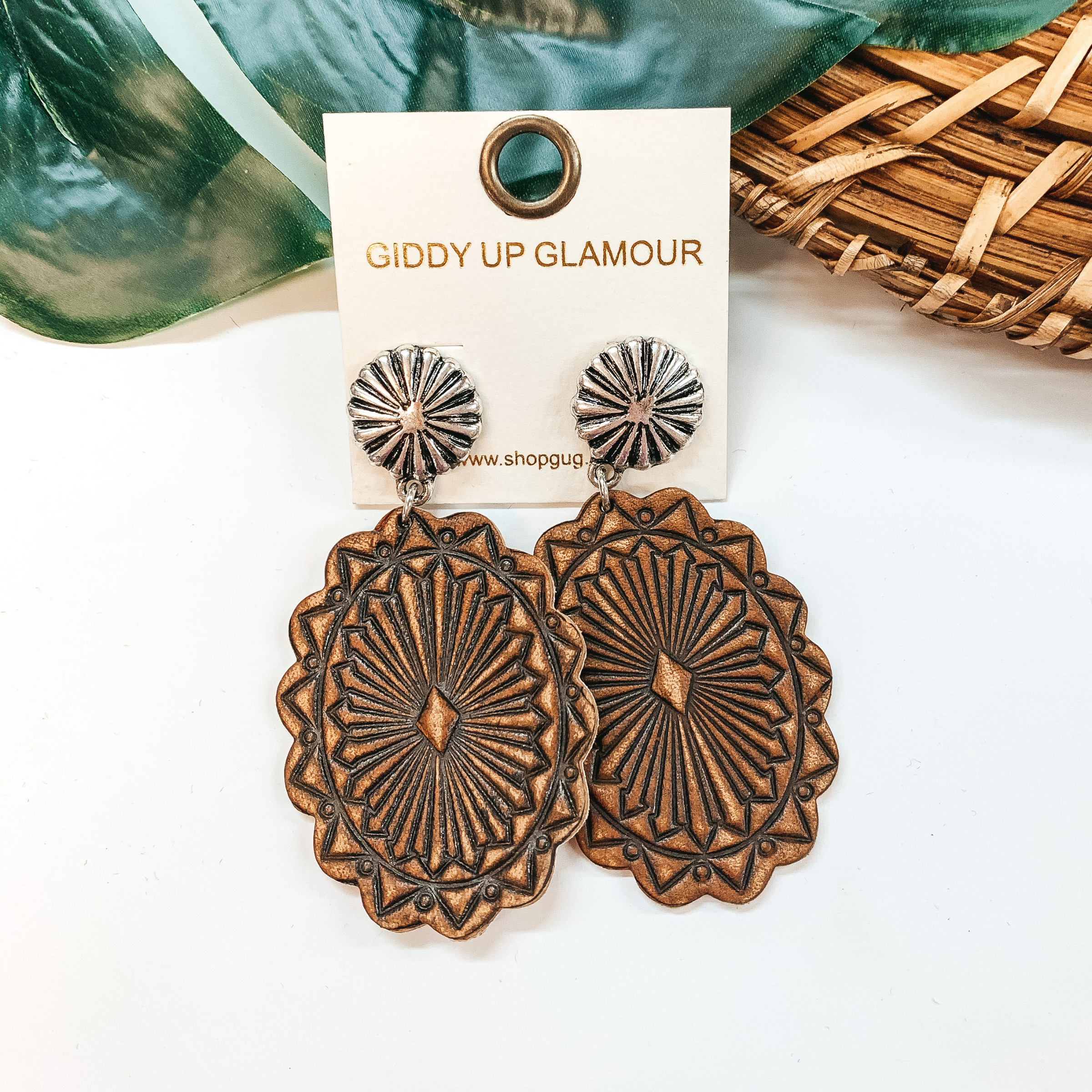 Western Patterned Oval Leather Concho Post Earrings - Giddy Up Glamour Boutique
