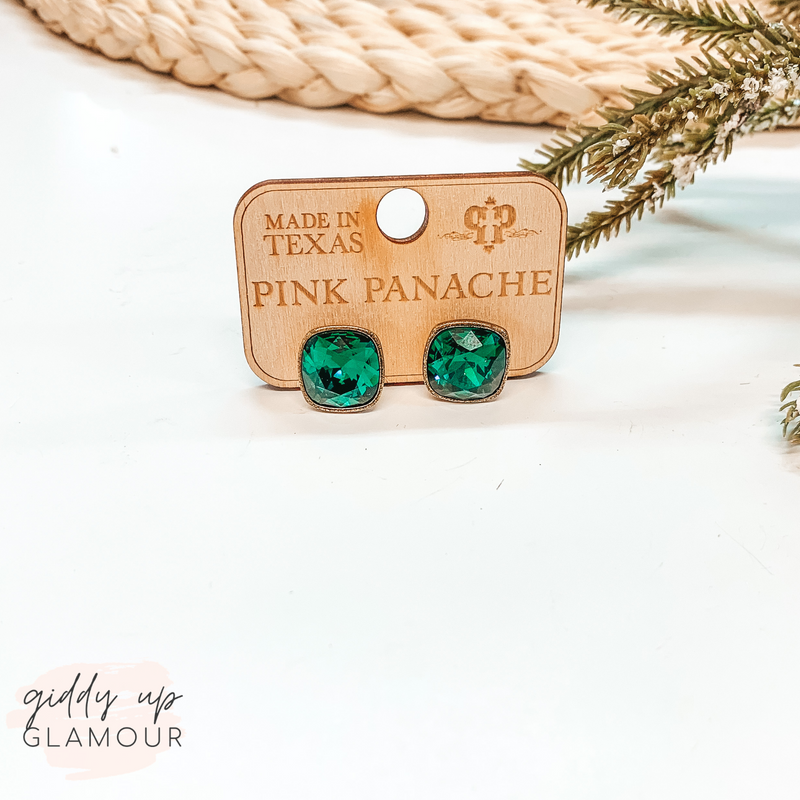 Pink Panache | Cushion Cut Bronze Stud Earrings with Emerald Green Crystals