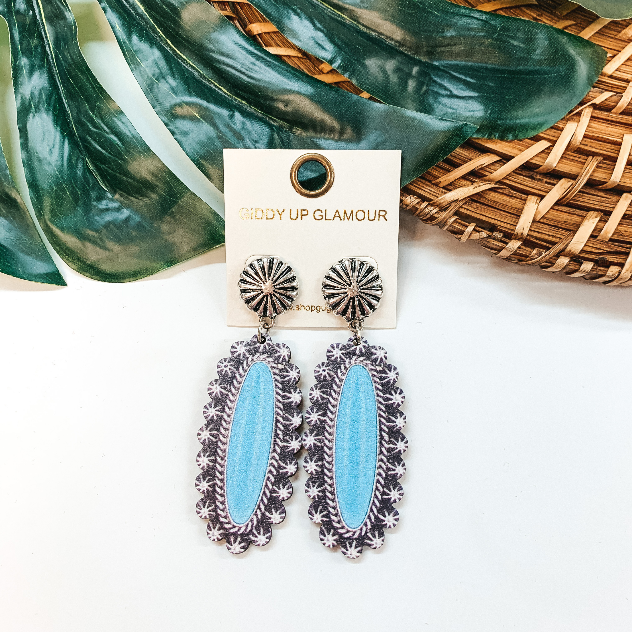 Western Oval Wood Post Earrings in Turquoise - Giddy Up Glamour Boutique