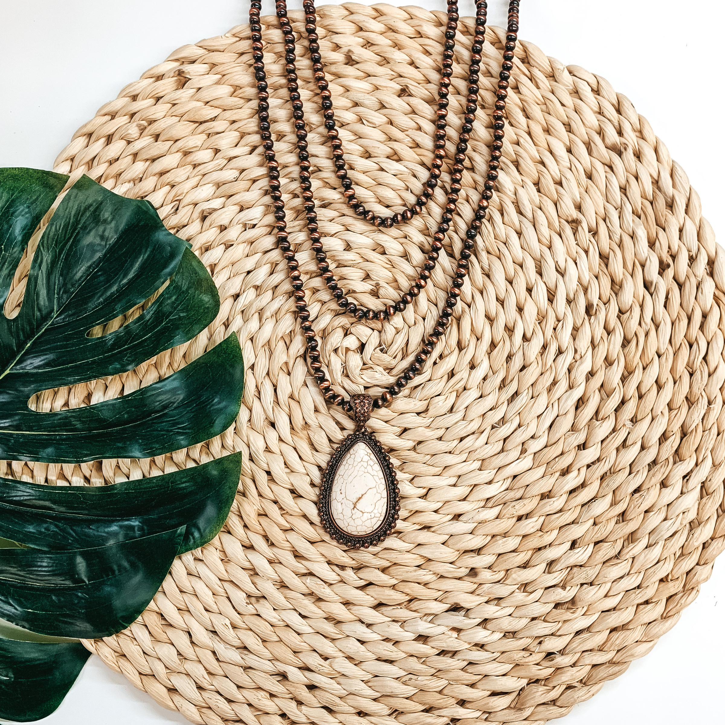 Navajo Pearl Inspired Layering Necklace in Bronze Tone with White Teardrop Stone - Giddy Up Glamour Boutique