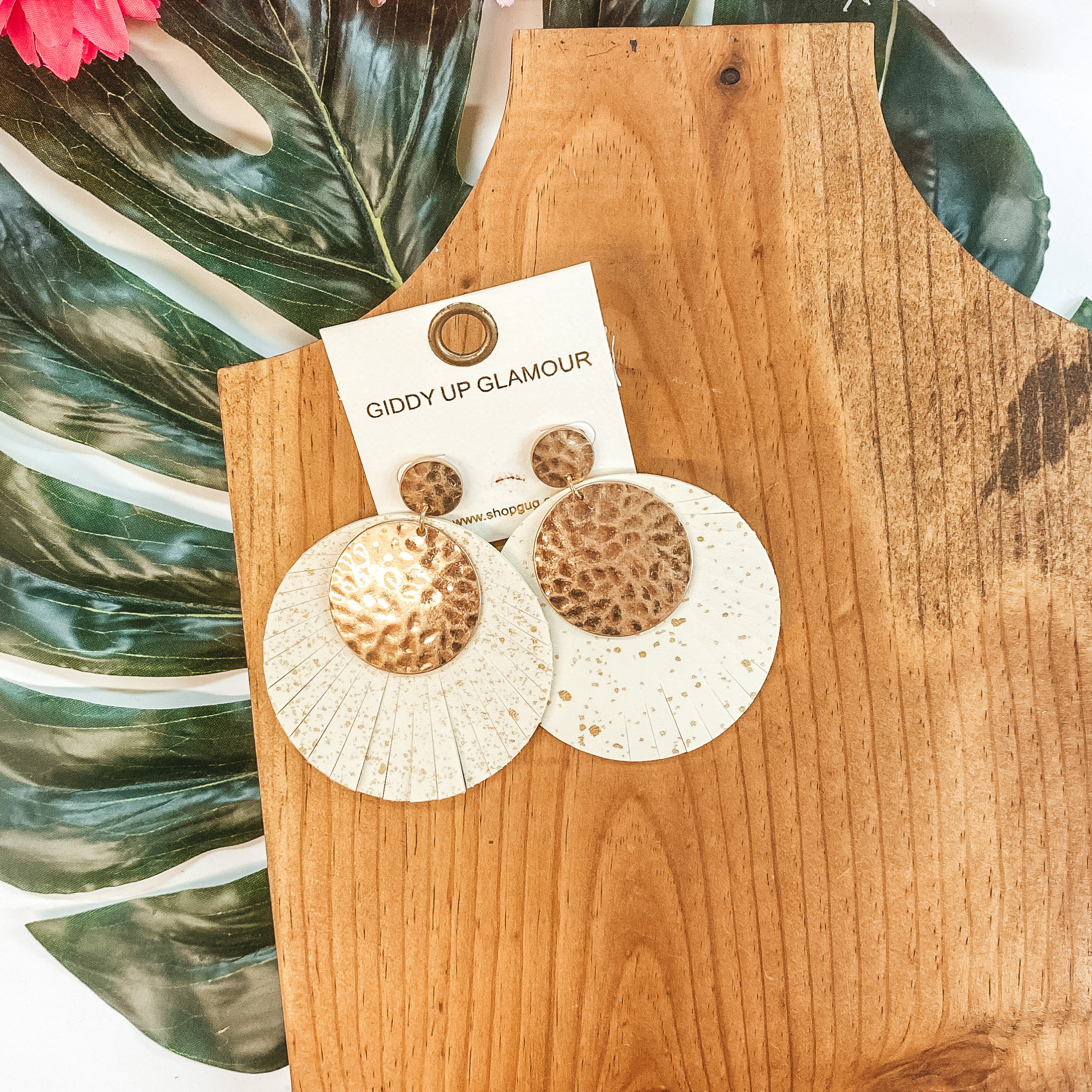 Gold Hammered and Leather Fringe Circle Statement Earrings in Ivory - Giddy Up Glamour Boutique