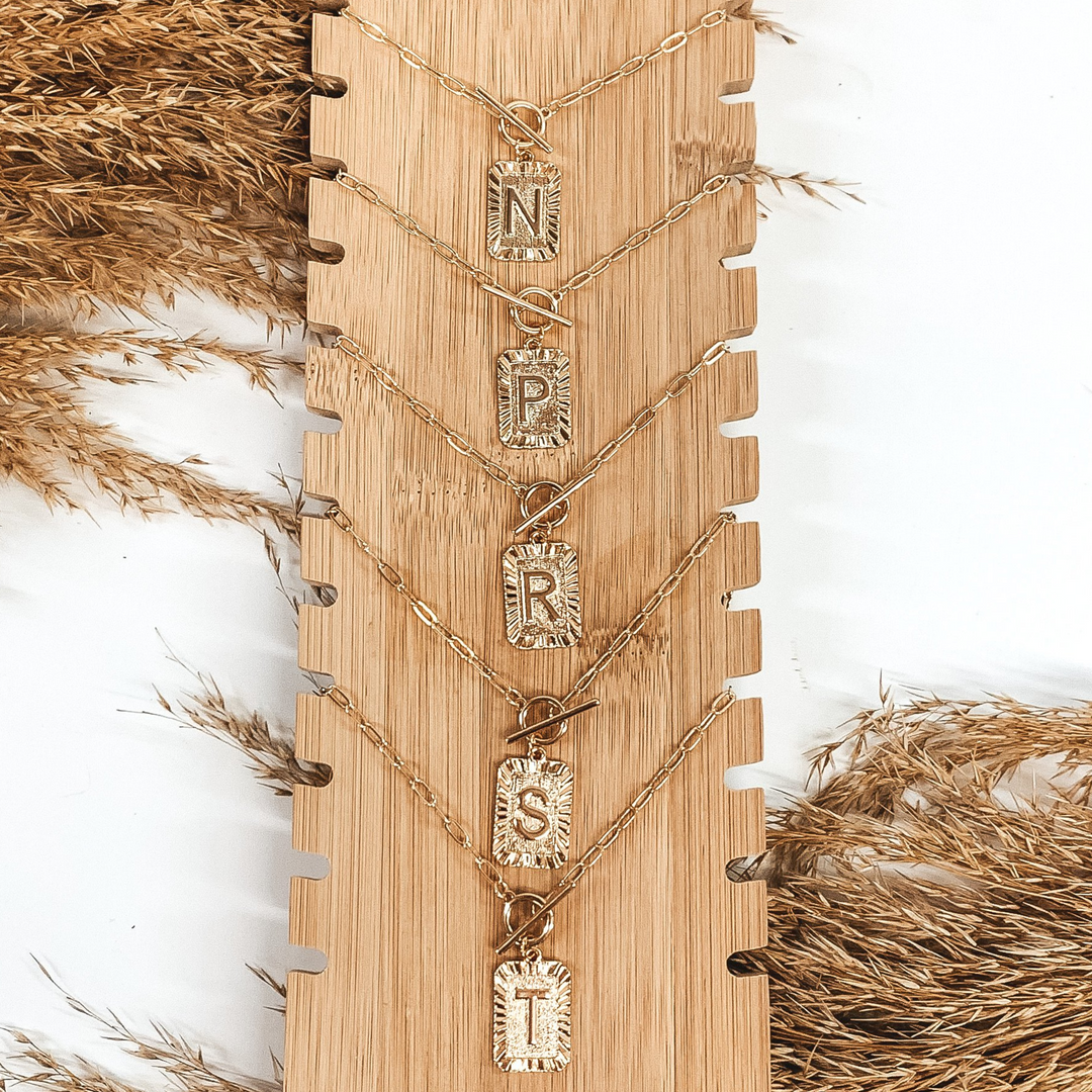 Gold Initial Pendant Necklace with Front Toggle Clasp - Giddy Up Glamour Boutique