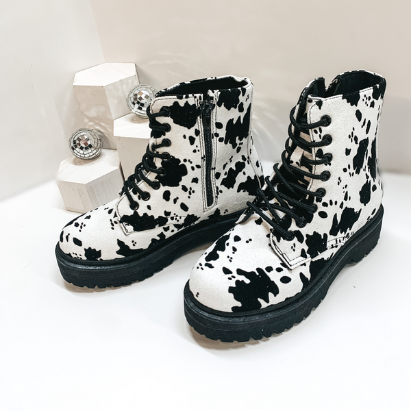 Last Chance Size 7 & 8 | Born to be Wild Cow Print Combat Boots in Black