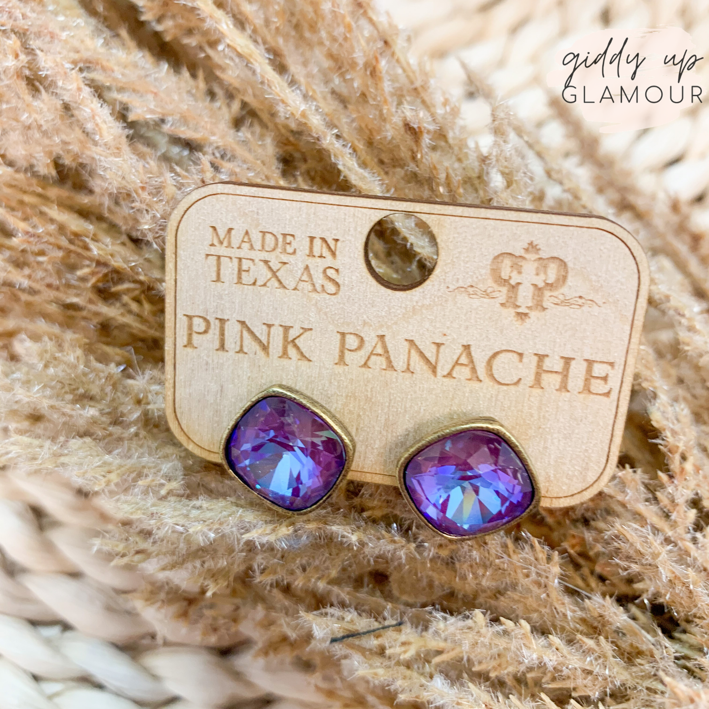 Pink Panache | Cushion Cut Bronze Stud Earrings with Burgundy Delight Crystals - Giddy Up Glamour Boutique