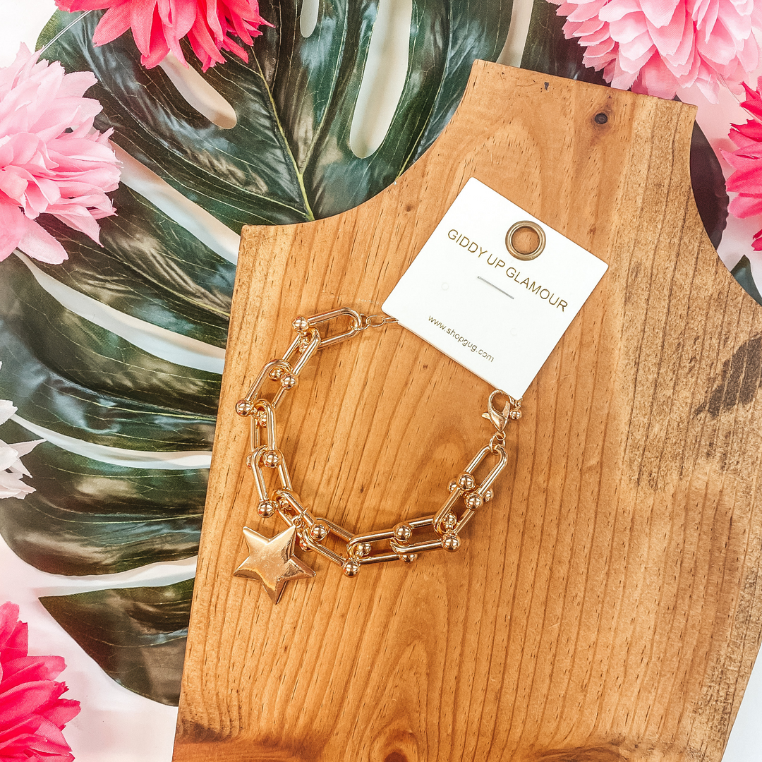 Shooting Stars Large Chain Link Bracelet with Star Pendant in Gold - Giddy Up Glamour Boutique