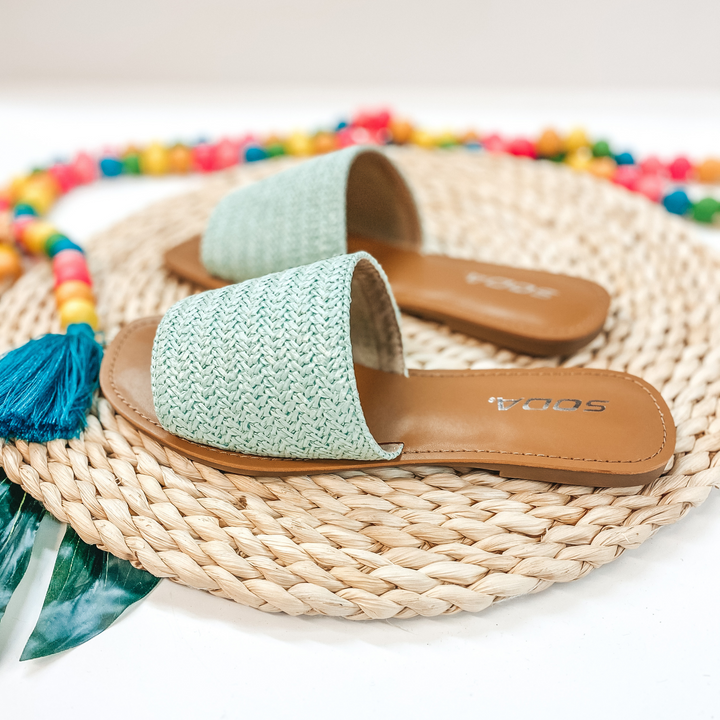Palm Beach Stroll One Strap Woven Square Toe Slip On Sandals in Mint - Giddy Up Glamour Boutique