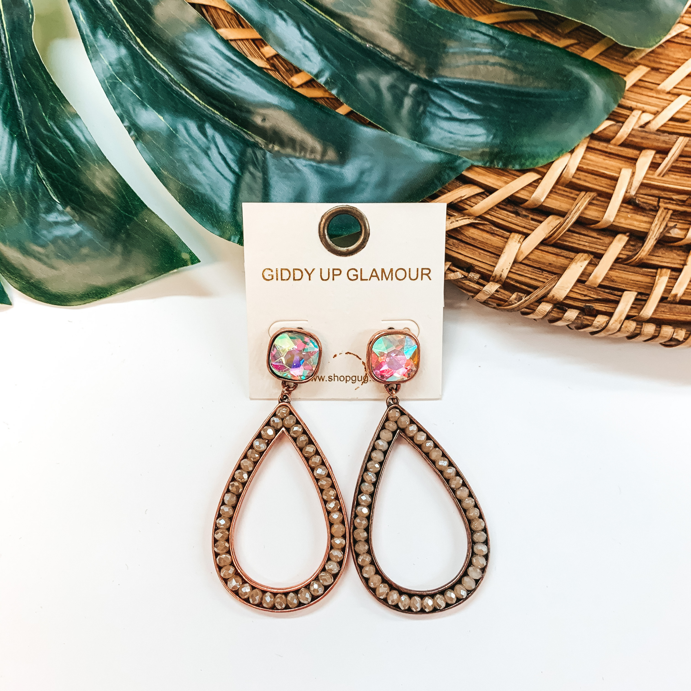 Glass Beaded Teardrop Post Earrings with AB Crystal in Gold - Giddy Up Glamour Boutique