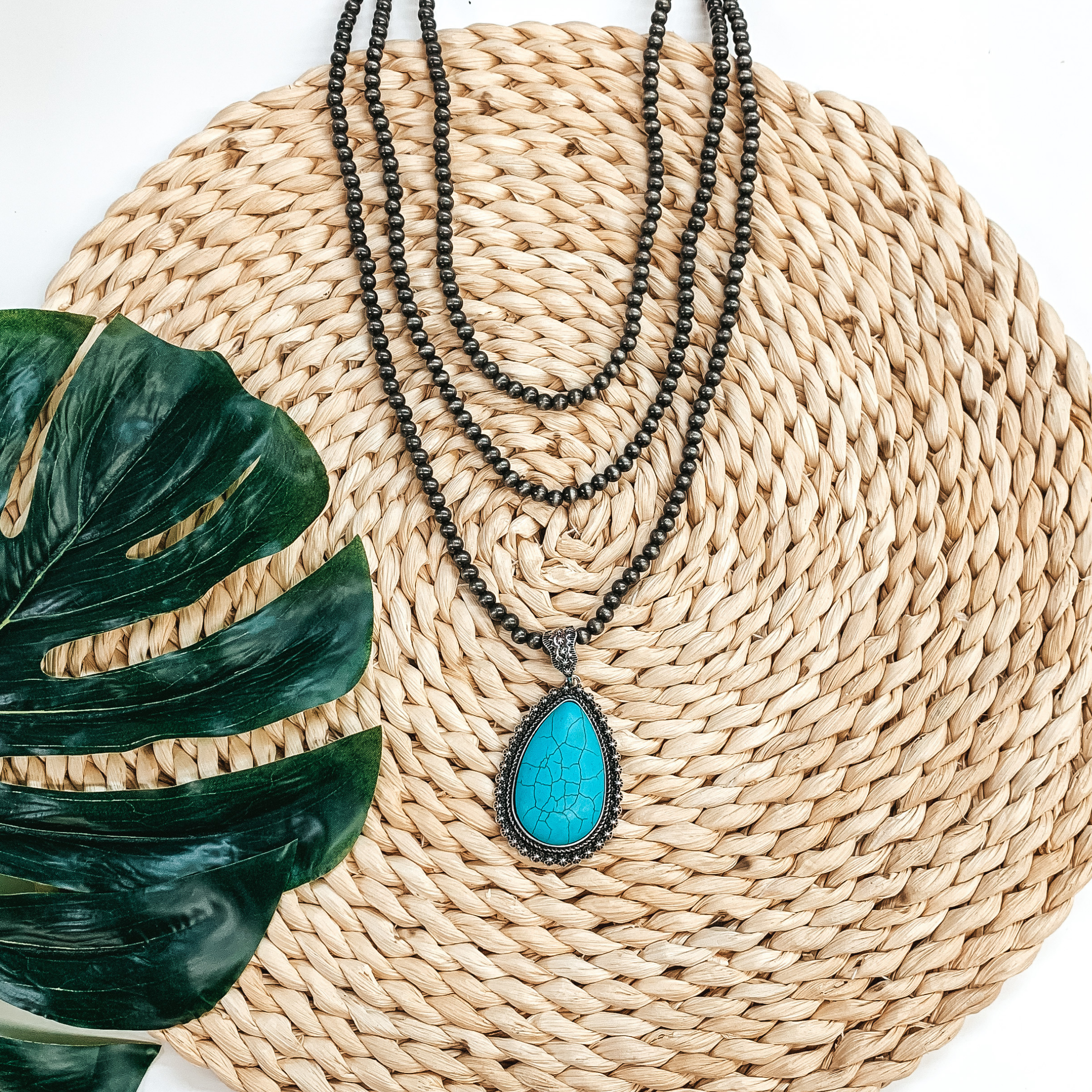 Navajo Pearl Inspired Layering Necklace in Silver Tone with Turquoise Teardrop Stone - Giddy Up Glamour Boutique