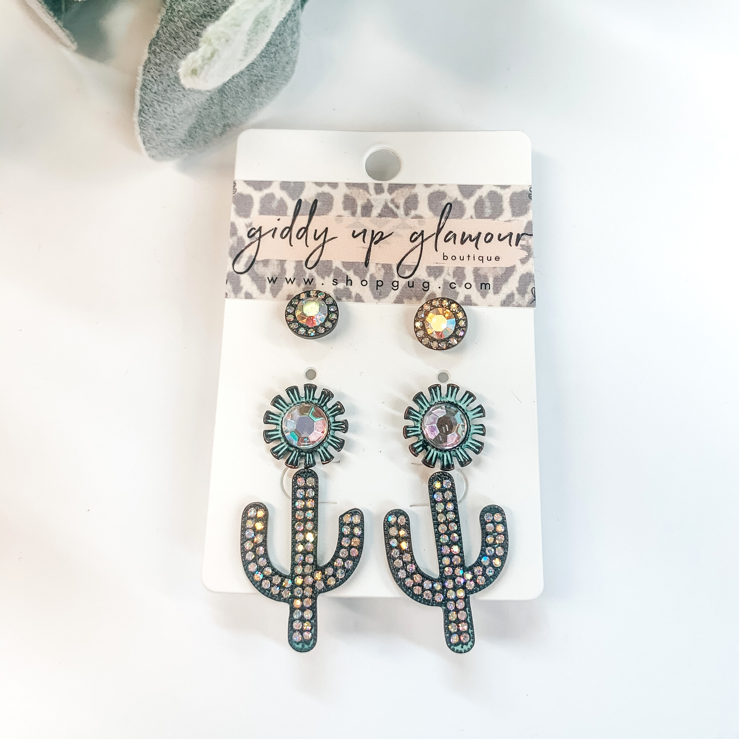 Set of Three | Cactus Stud Earring Set with AB Crystals in Patina Turquoise - Giddy Up Glamour Boutique