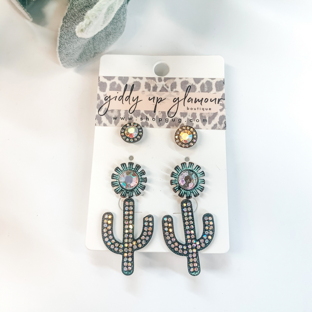 Set of Three | Cactus Stud Earring Set with AB Crystals in Patina Turquoise - Giddy Up Glamour Boutique