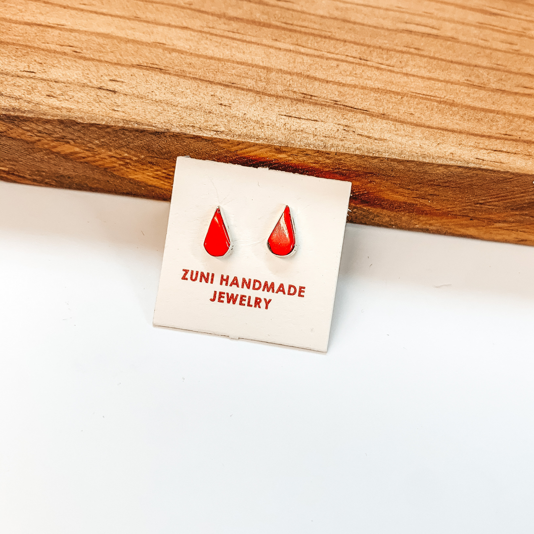 Angie Rosetta | Zuni Handmade Sterling Silver Teardrop Stud Earrings in Red Coral - Giddy Up Glamour Boutique