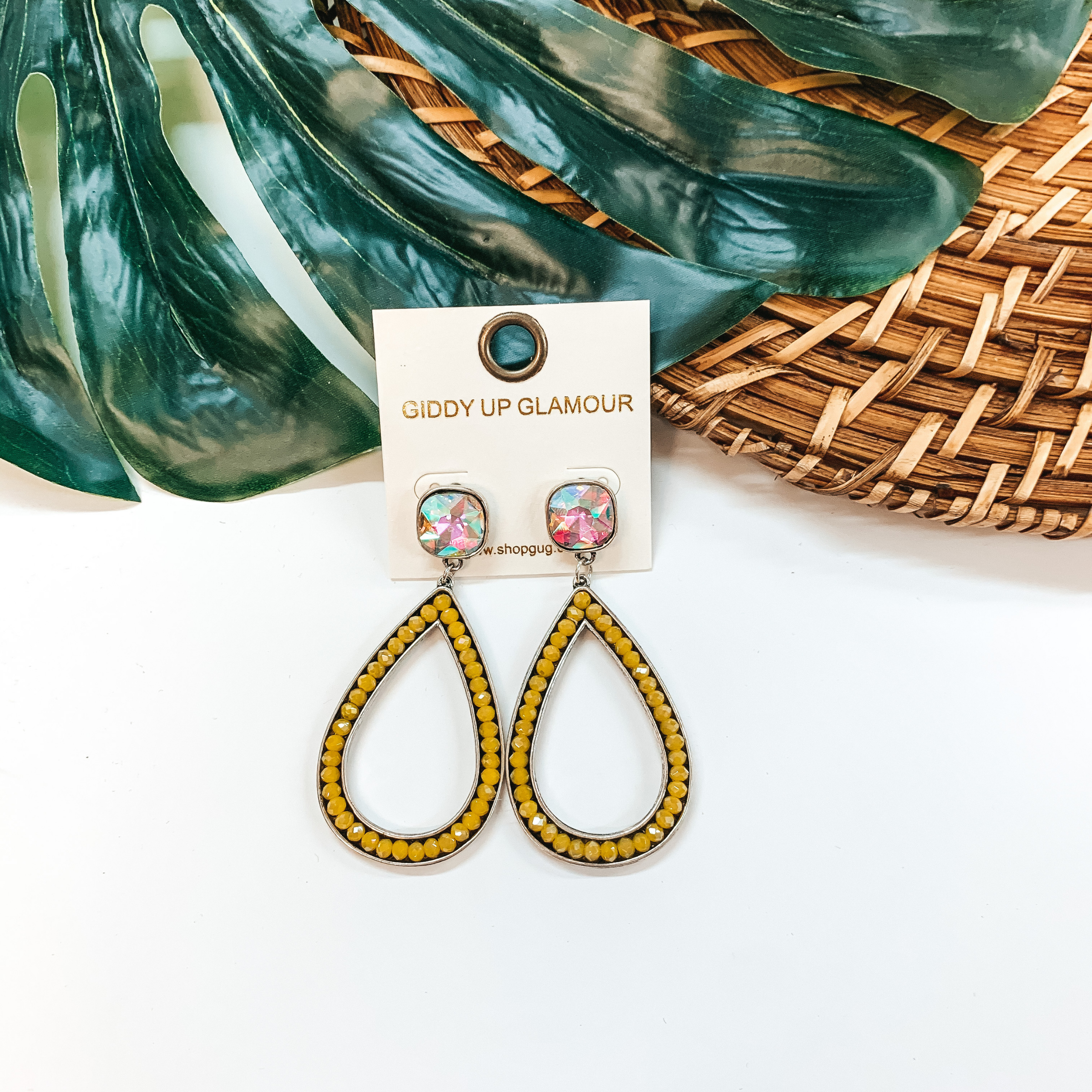 Glass Beaded Teardrop Post Earrings with AB Crystal in Yellow - Giddy Up Glamour Boutique