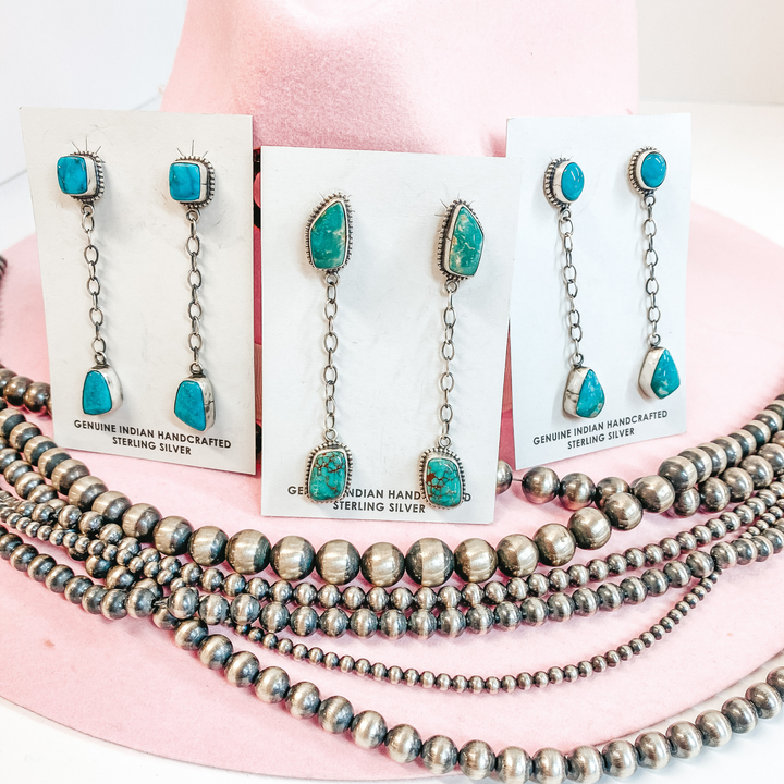 Tricia Smith | Navajo Handmade Sterling Silver Chain Drop Earrings with Kingman Turquoise Studs - Giddy Up Glamour Boutique