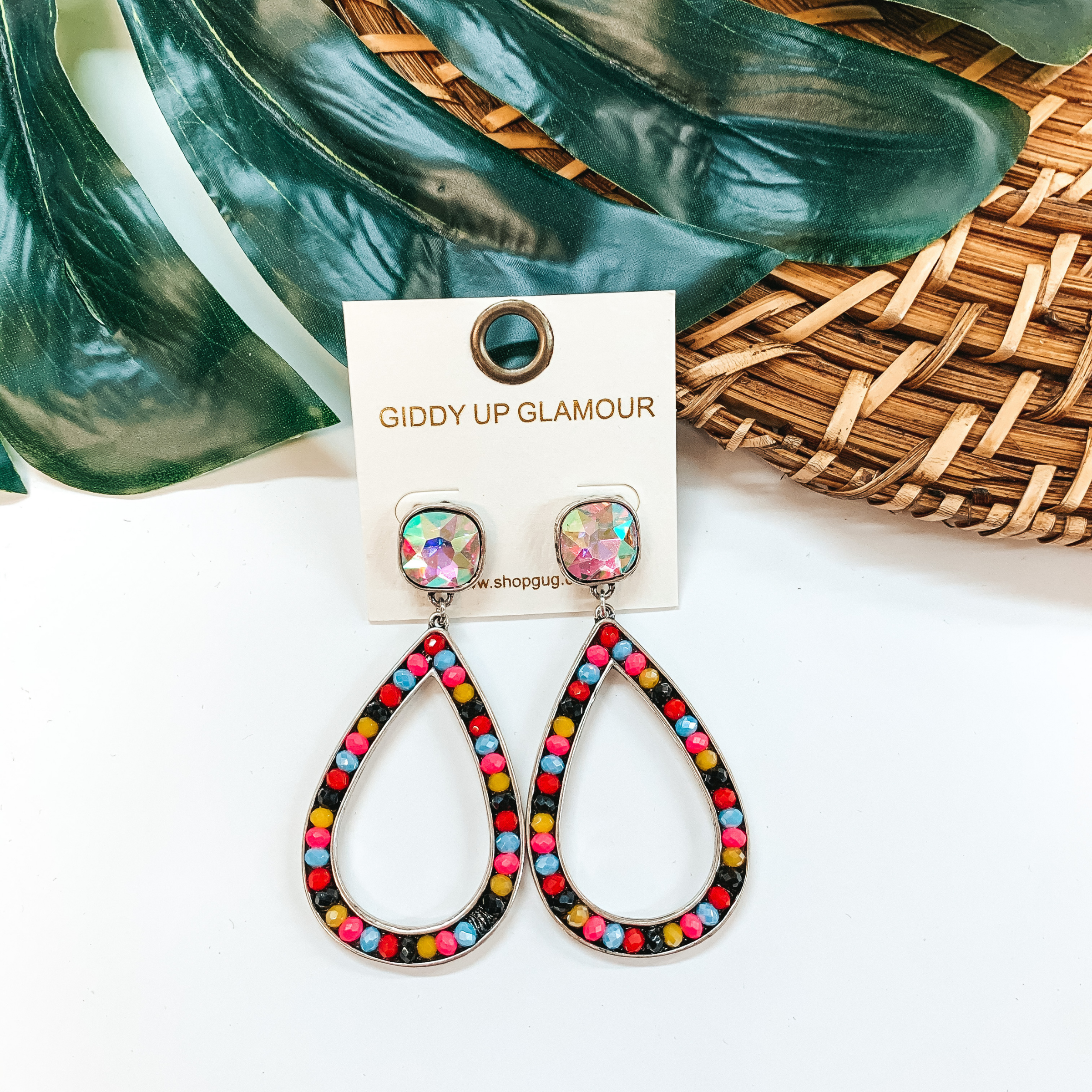 Glass Beaded Teardrop Post Earrings with AB Crystal in Multi - Giddy Up Glamour Boutique