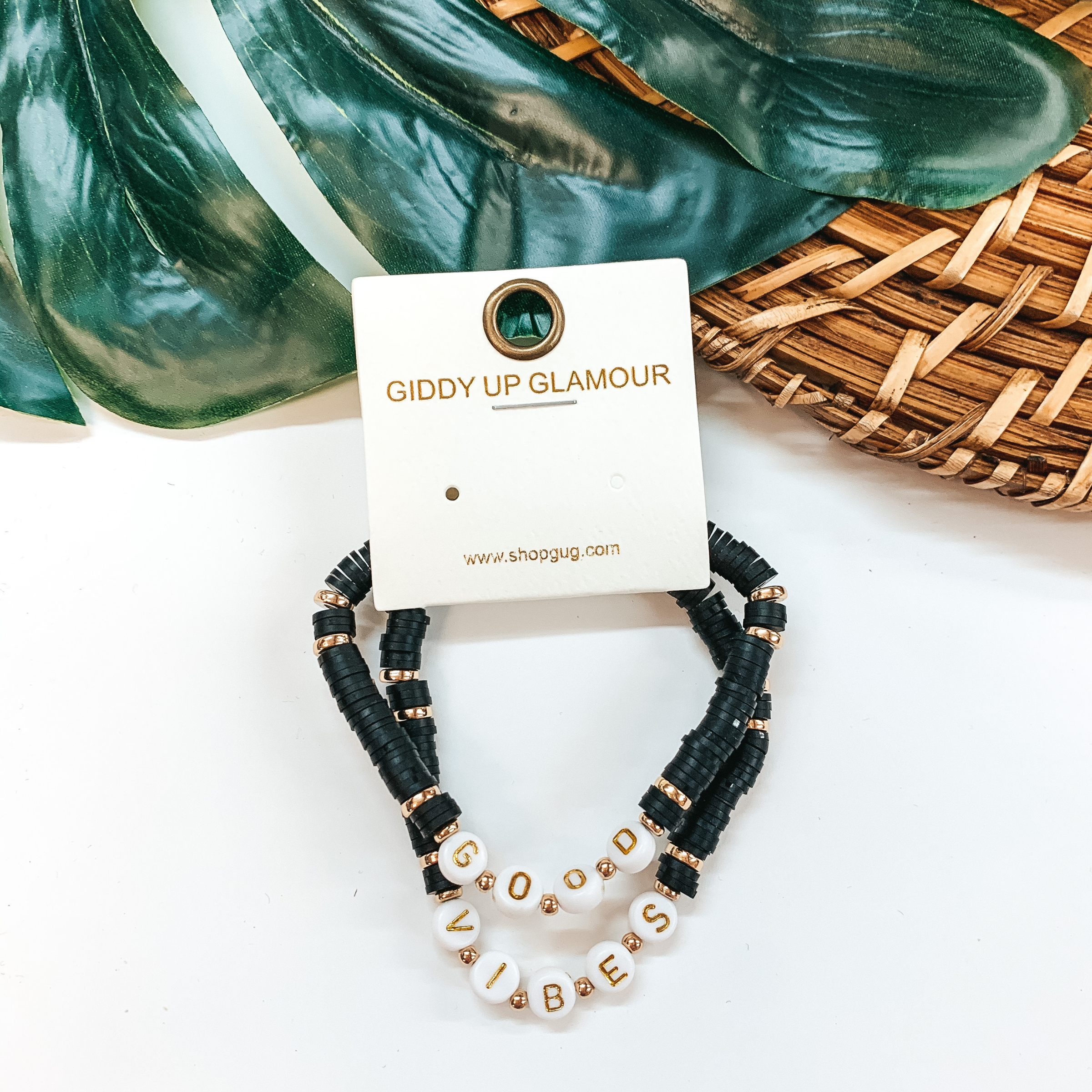 Set of Two | Good Vibes Disc Beaded Bracelets in Black - Giddy Up Glamour Boutique