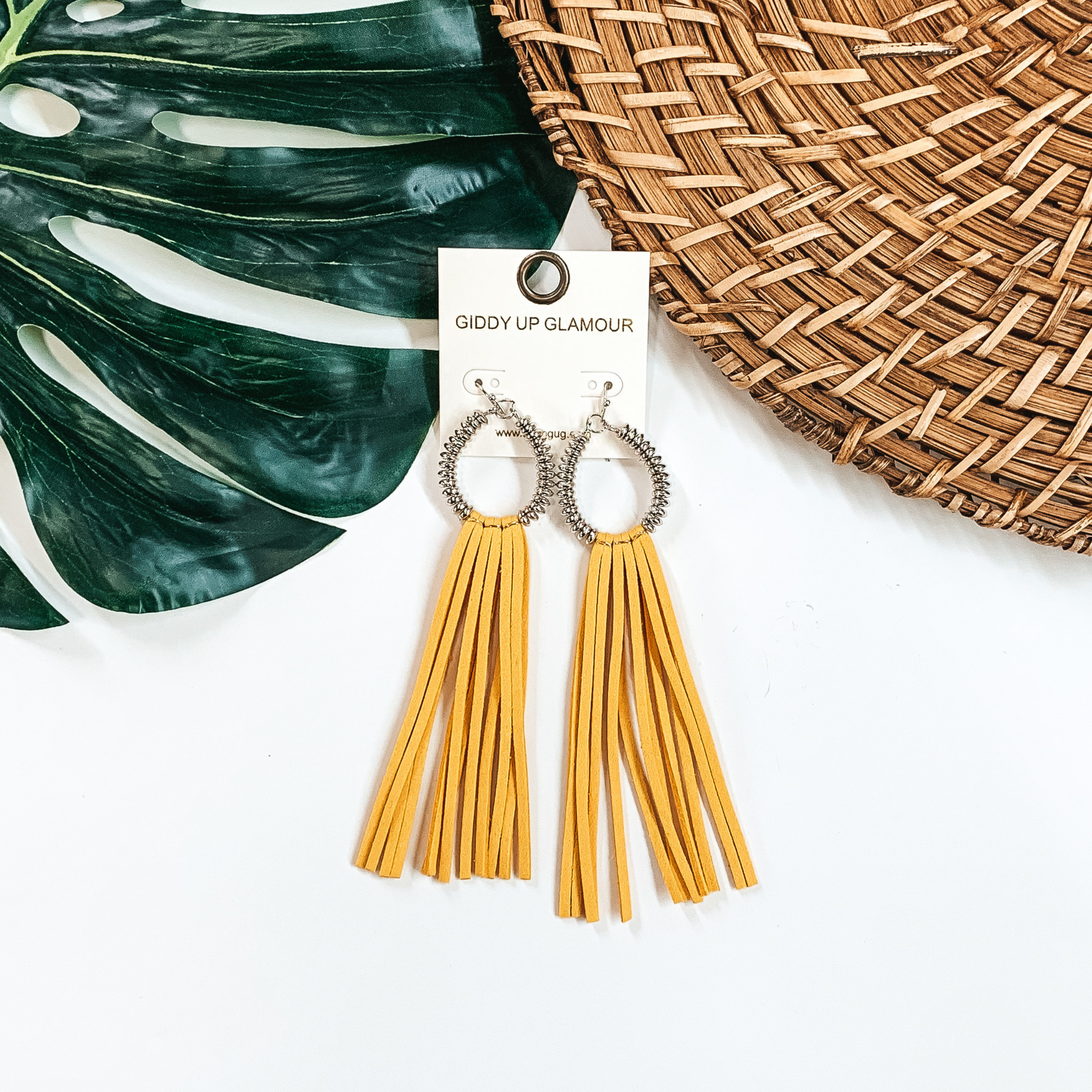 Silver Tone Metal Beaded Hoop Earrings with Yellow Tassels - Giddy Up Glamour Boutique