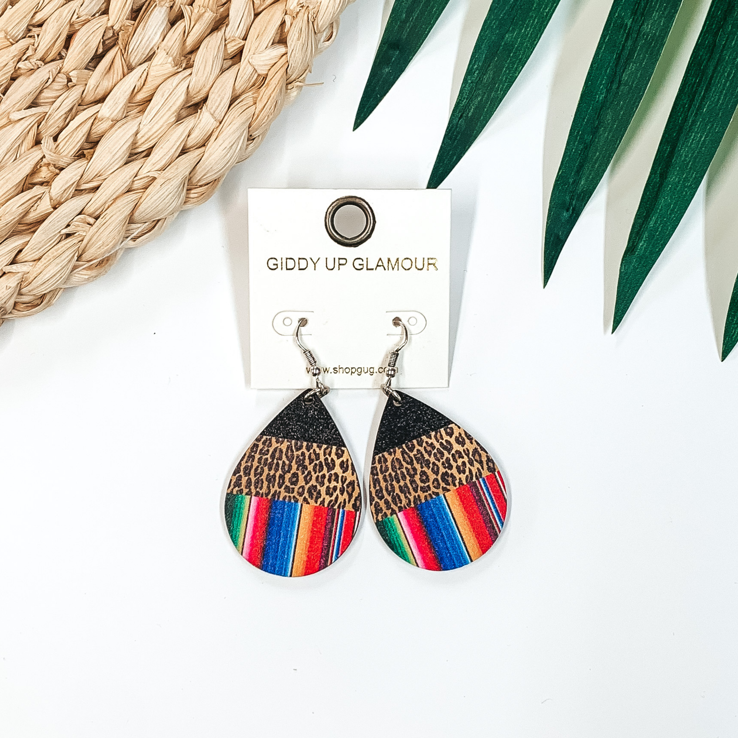 Wooden Teardrop Serape and Leopard Print Earrings - Giddy Up Glamour Boutique