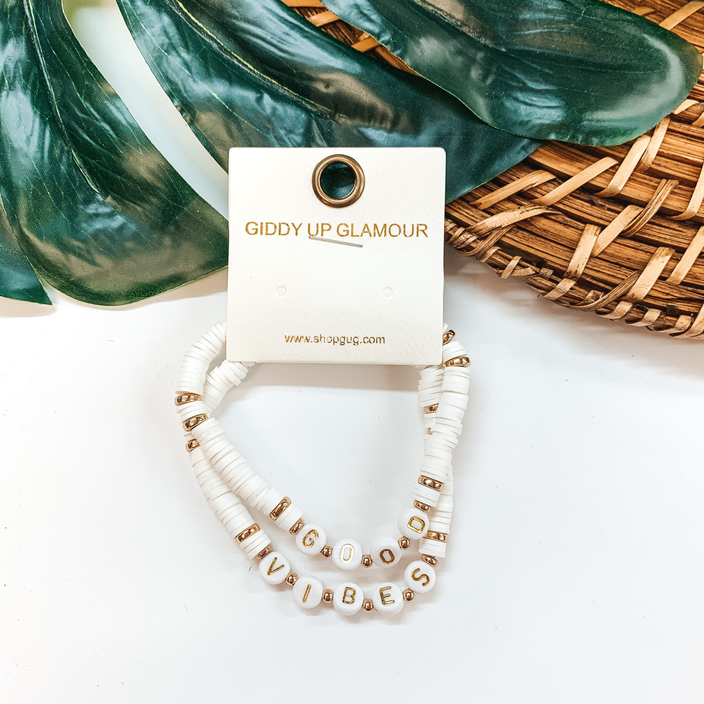 Set of Two | Good Vibes Disc Beaded Bracelets in White - Giddy Up Glamour Boutique