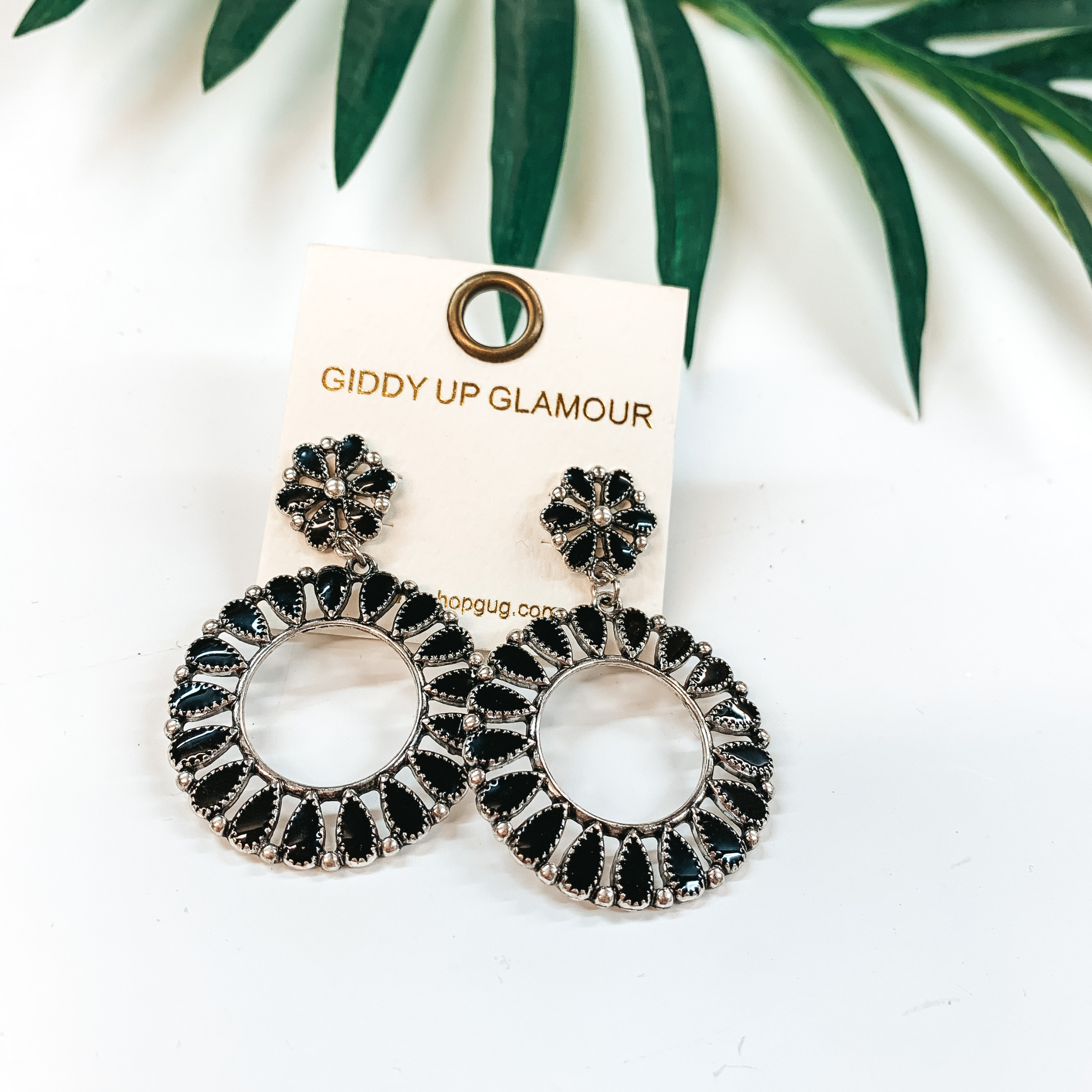 Circle Cluster Post Earrings with Circle Cluster Outline Drop in Black - Giddy Up Glamour Boutique