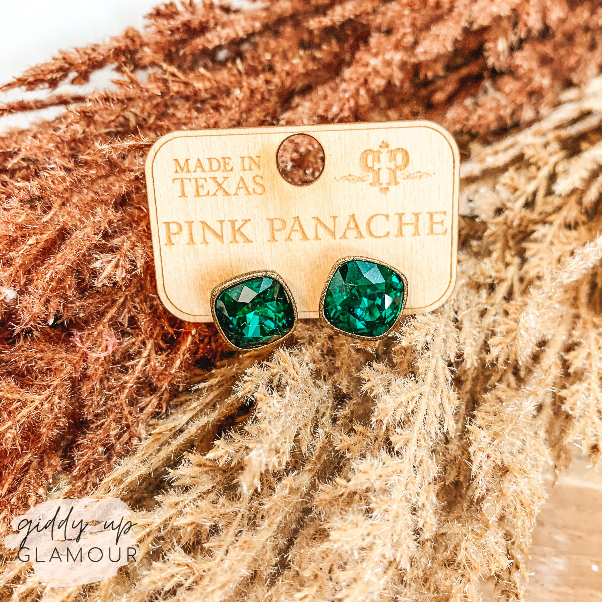 Pink Panache | Cushion Cut Bronze Stud Earrings with Emerald Green Crystals - Giddy Up Glamour Boutique