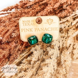 Pink Panache | Cushion Cut Bronze Stud Earrings with Emerald Green Crystals