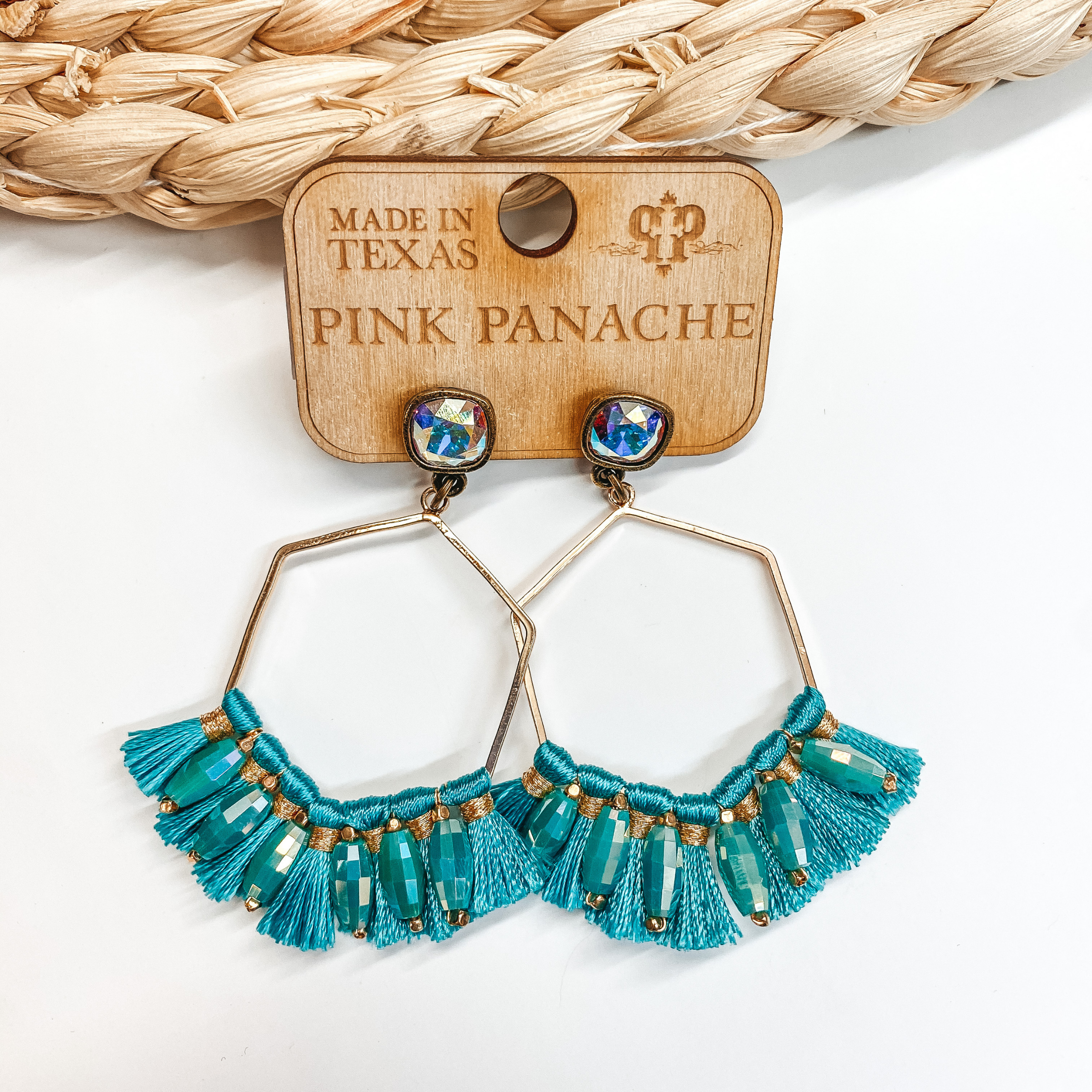 Pink Panache | Hexagon Wire Earrings with Fringe Detailing and Clear Cushion Cut Crystal in Gold and Turquoise - Giddy Up Glamour Boutique