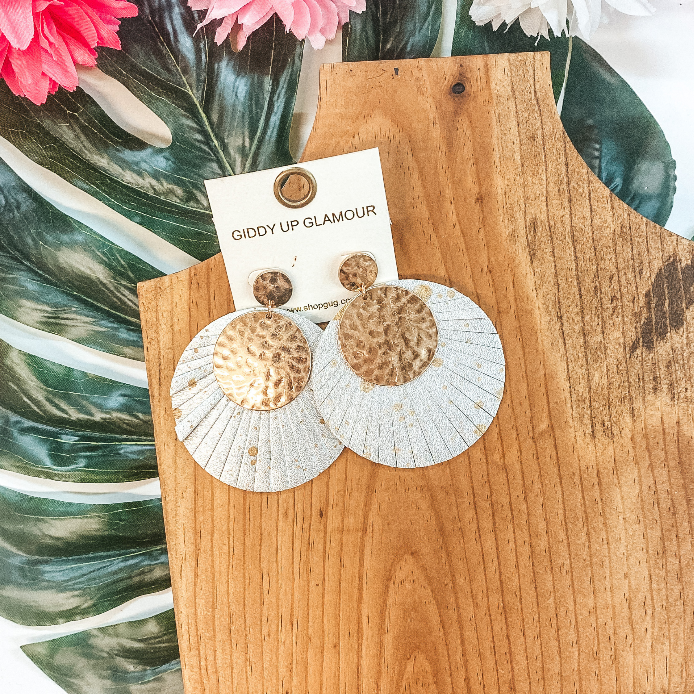 Gold Hammered and Leather Fringe Circle Statement Earrings in Silver - Giddy Up Glamour Boutique