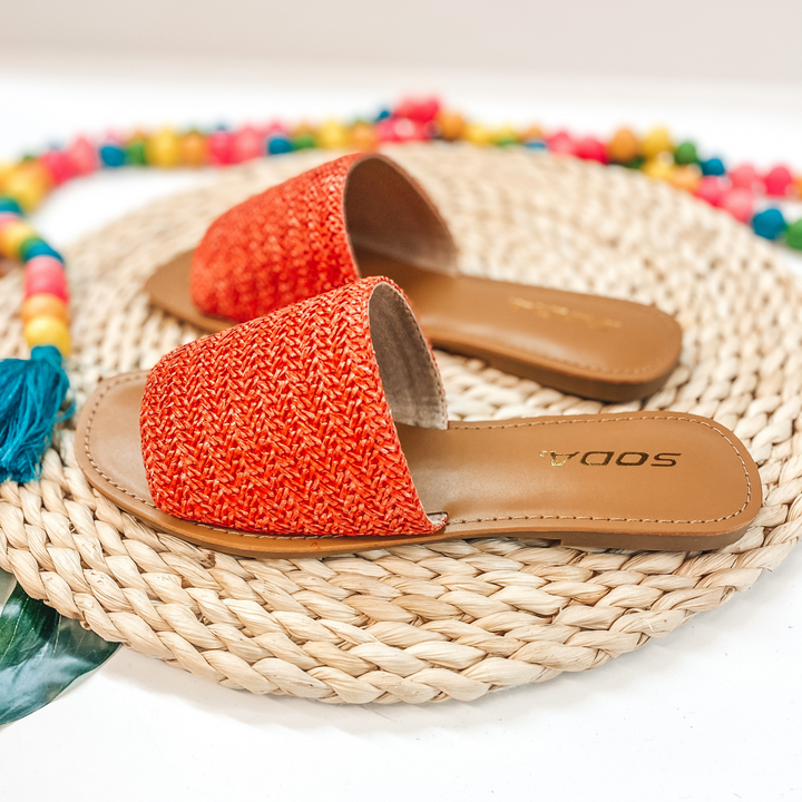 Palm Beach Stroll One Strap Woven Square Toe Slip On Sandals in Coral - Giddy Up Glamour Boutique